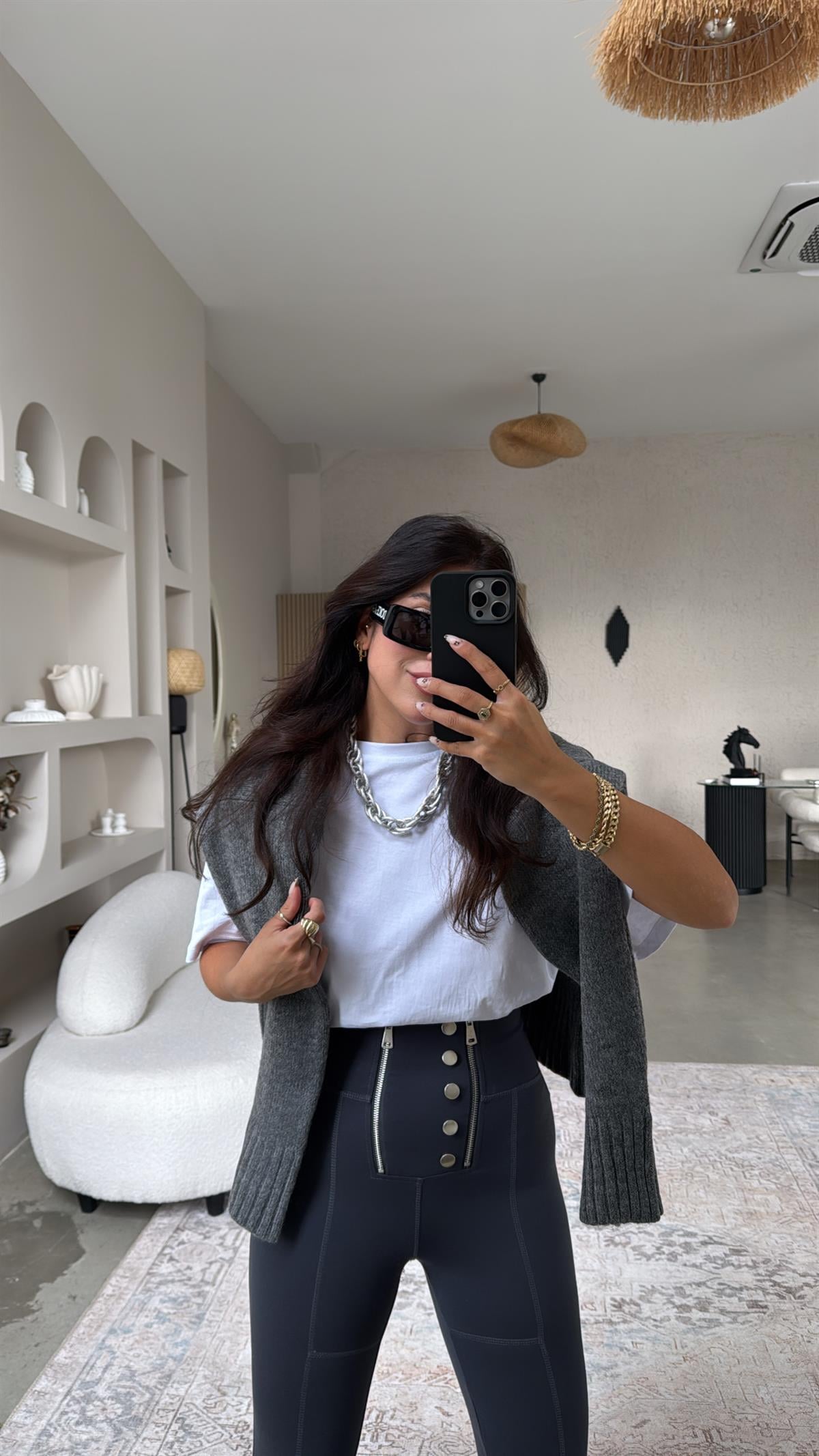 Antrasit Gümüş Aksesuarlı Fermuarlı Push Up Çelik Tayt Pantolon