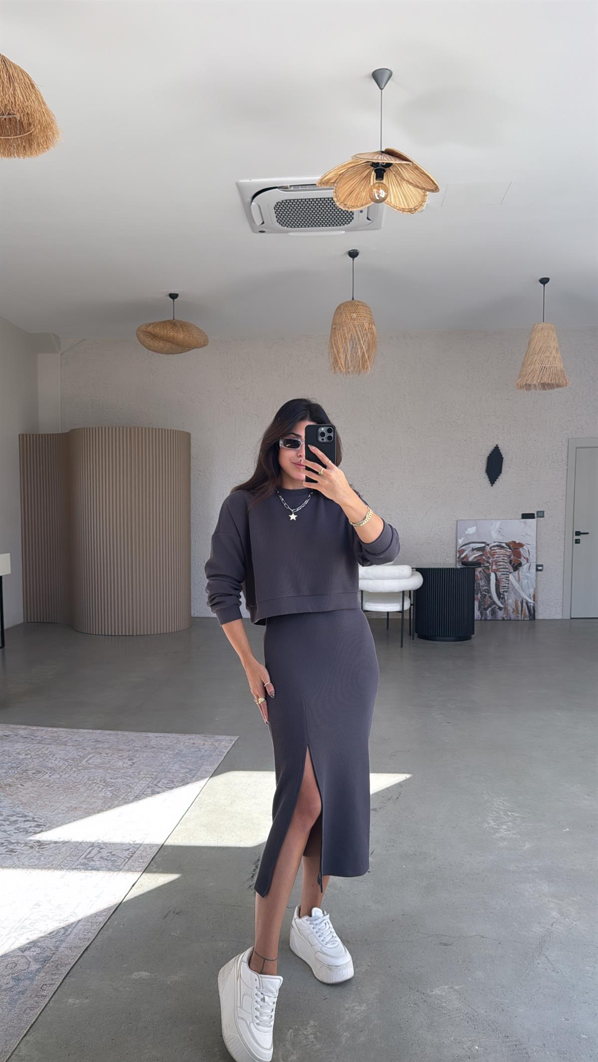 Antrasit İthal Orijinal Kaşkorse Etek Sweatshirt Takım