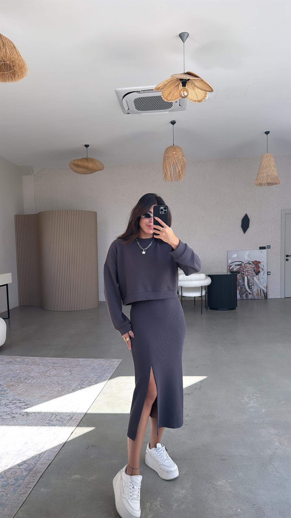 Antrasit İthal Orijinal Kaşkorse Etek Sweatshirt Takım