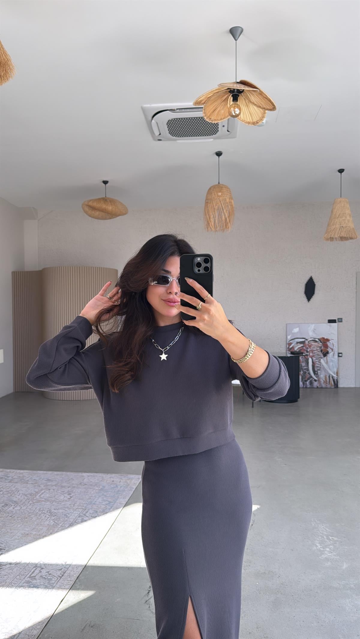 Antrasit İthal Orijinal Kaşkorse Etek Sweatshirt Takım