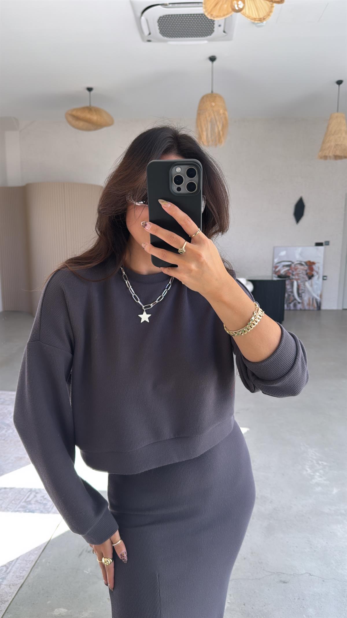 Antrasit İthal Orijinal Kaşkorse Etek Sweatshirt Takım