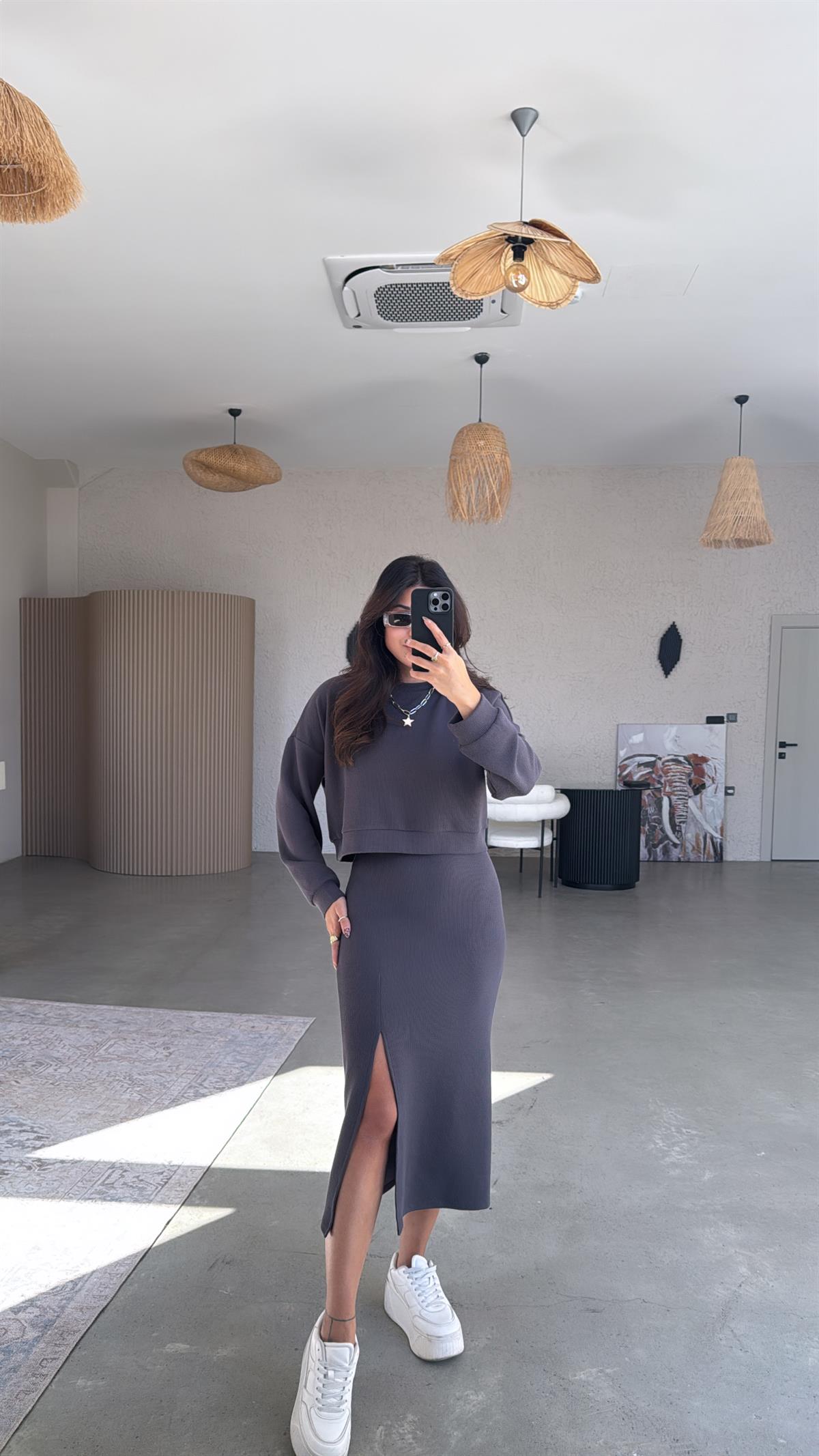 Antrasit İthal Orijinal Kaşkorse Etek Sweatshirt Takım