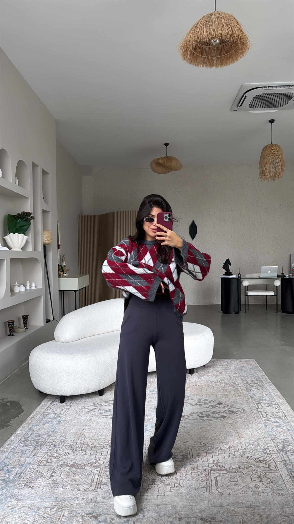 Antrasit Kalın Kemerli Palazzo Kumaş Pantolon