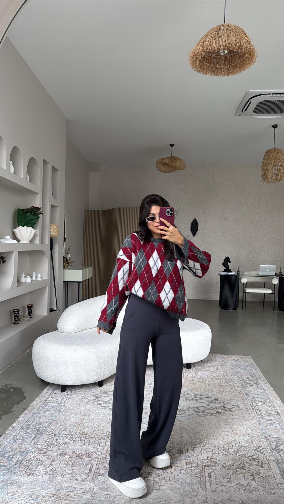 Antrasit Kalın Kemerli Palazzo Kumaş Pantolon