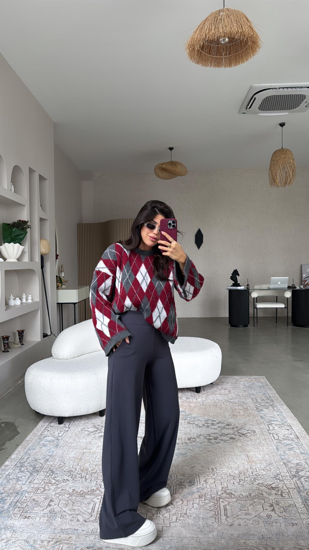 Antrasit Kalın Kemerli Palazzo Kumaş Pantolon