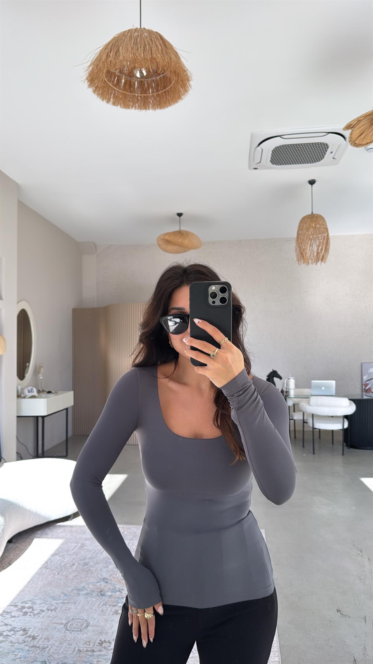 Antrasit Kare Yaka Poliamid Bluz