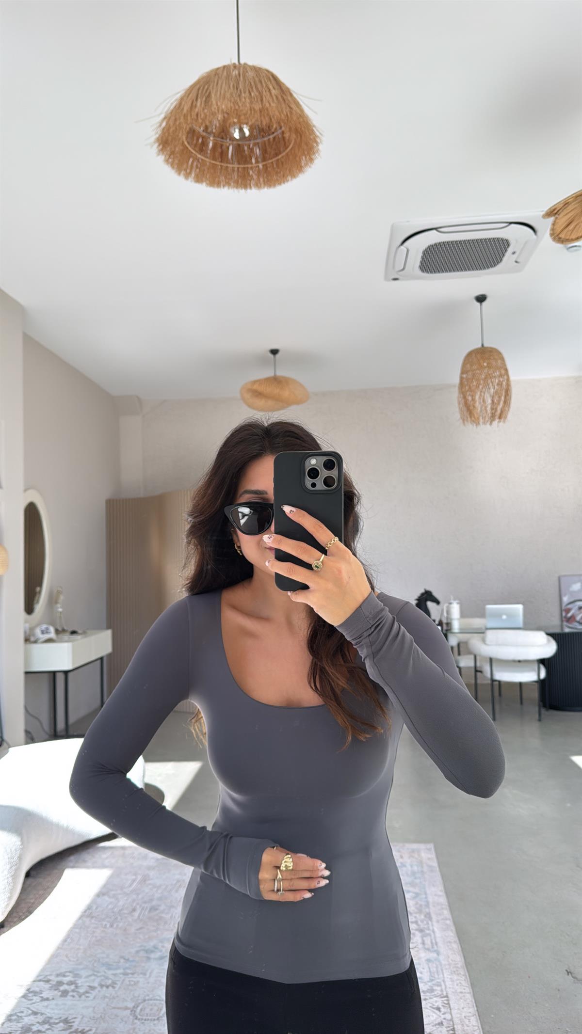 Antrasit Kare Yaka Poliamid Bluz