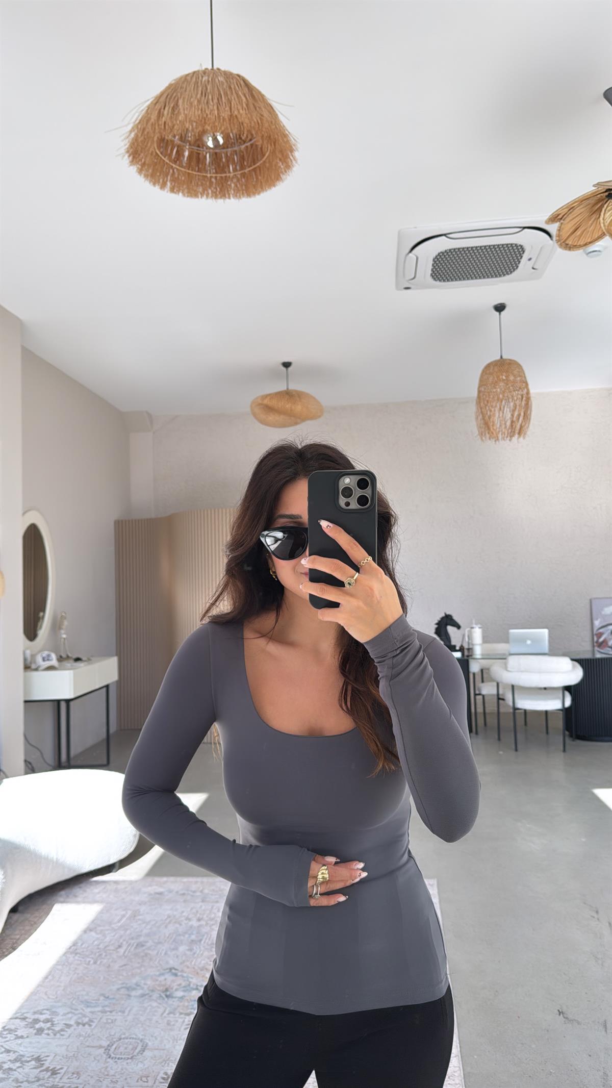 Antrasit Kare Yaka Poliamid Bluz