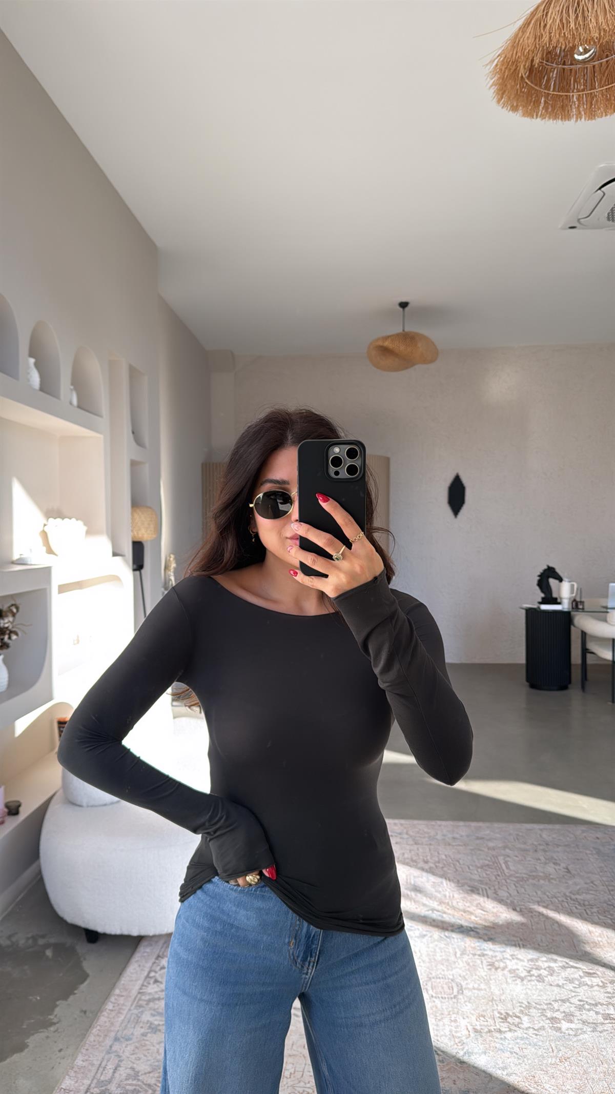 Antrasit Kayık Yaka Transparan Kaşmir Bluz