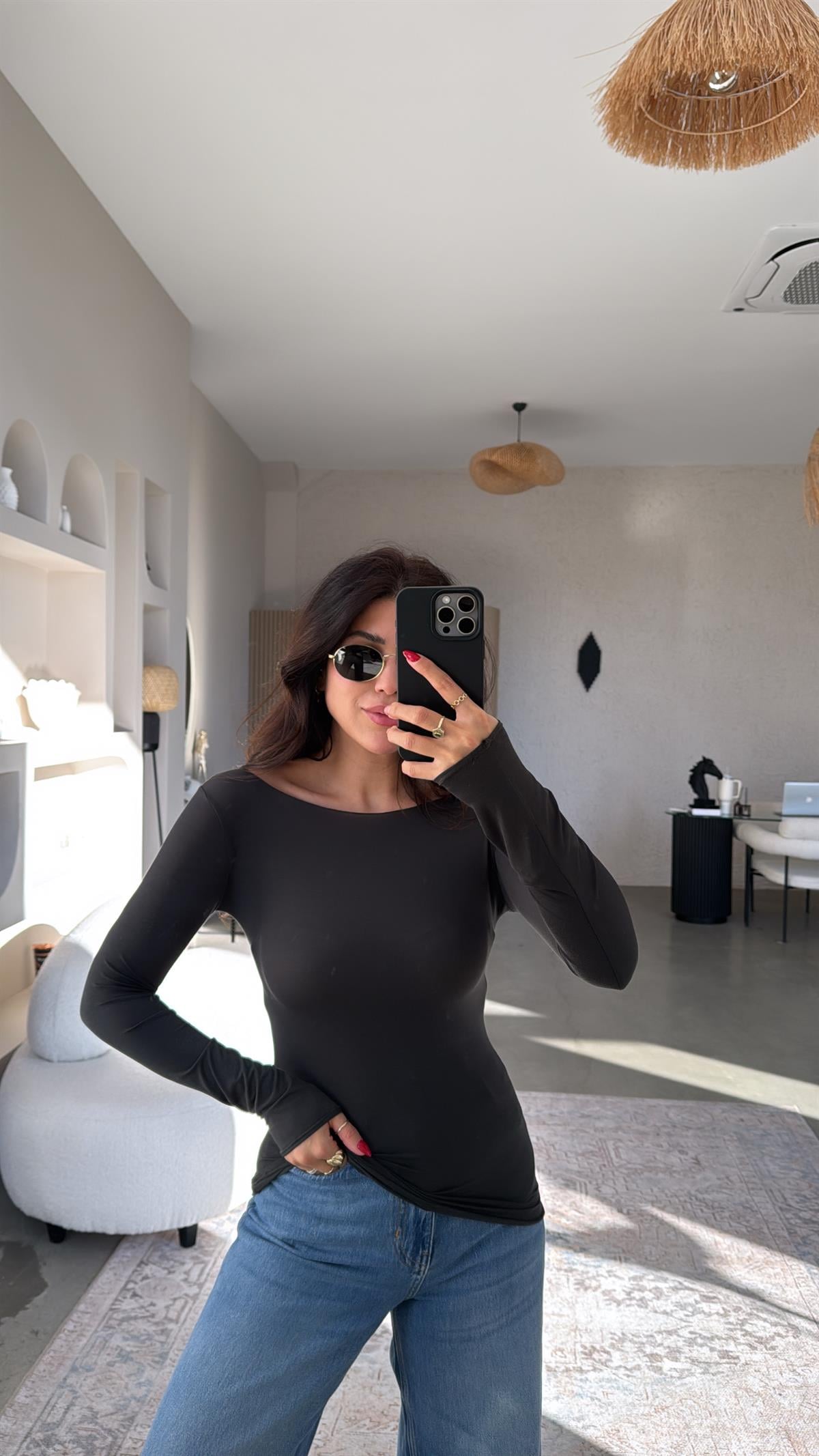 Antrasit Kayık Yaka Transparan Kaşmir Bluz