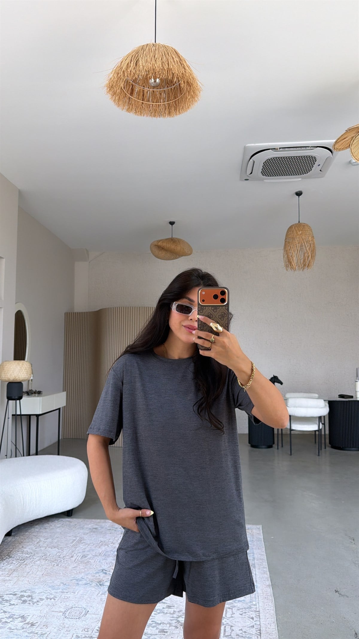 Antrasit Kırçıllı Rahat Kumaş Şort Tshirt Takım