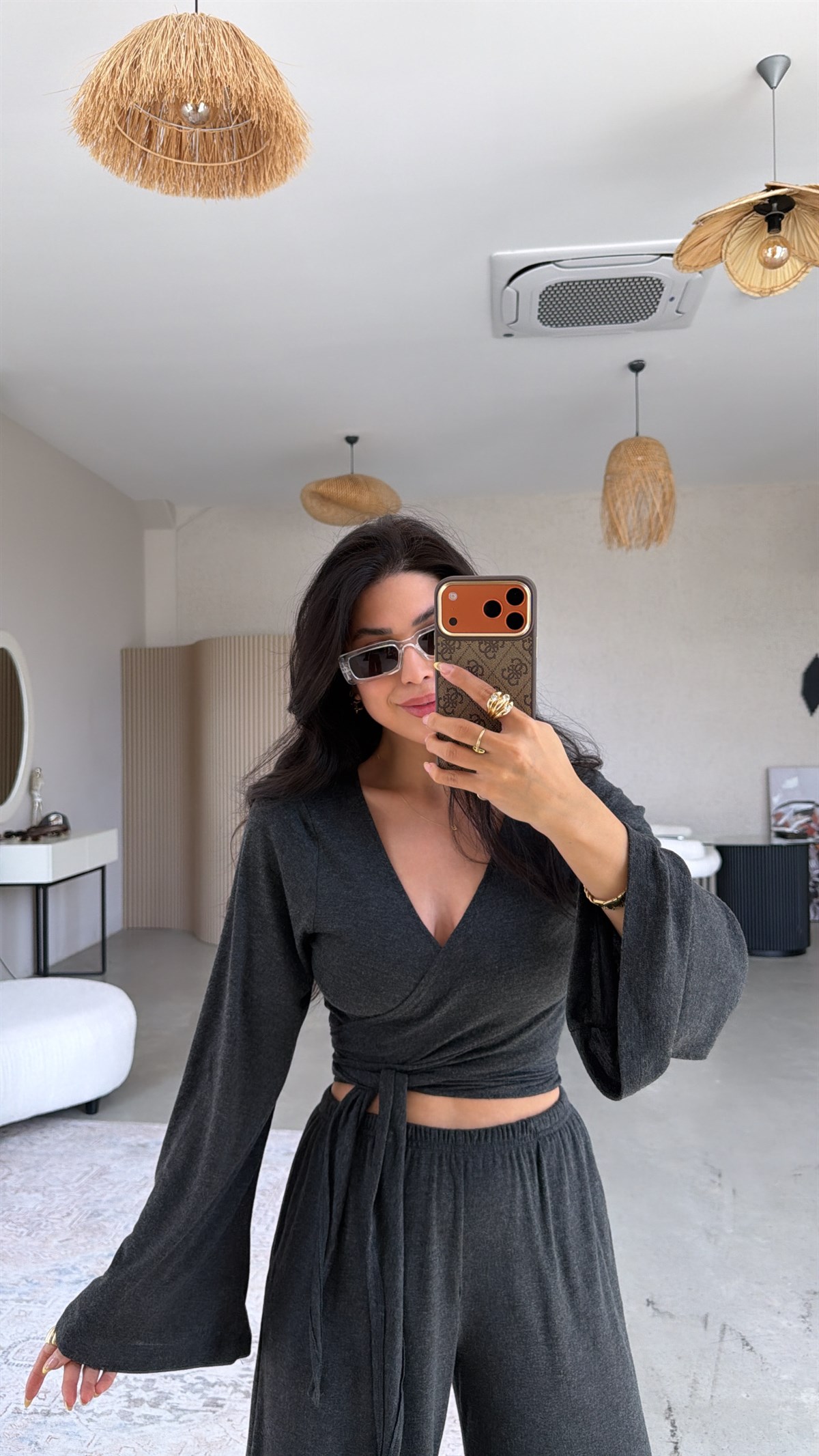 Antrasit Kruvaze İnce Bolero Pantolon Takım