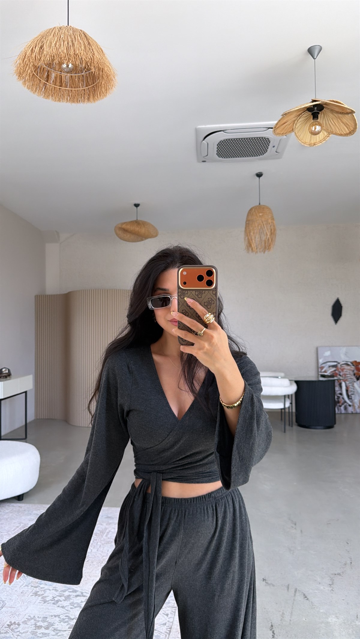 Antrasit Kruvaze İnce Bolero Pantolon Takım