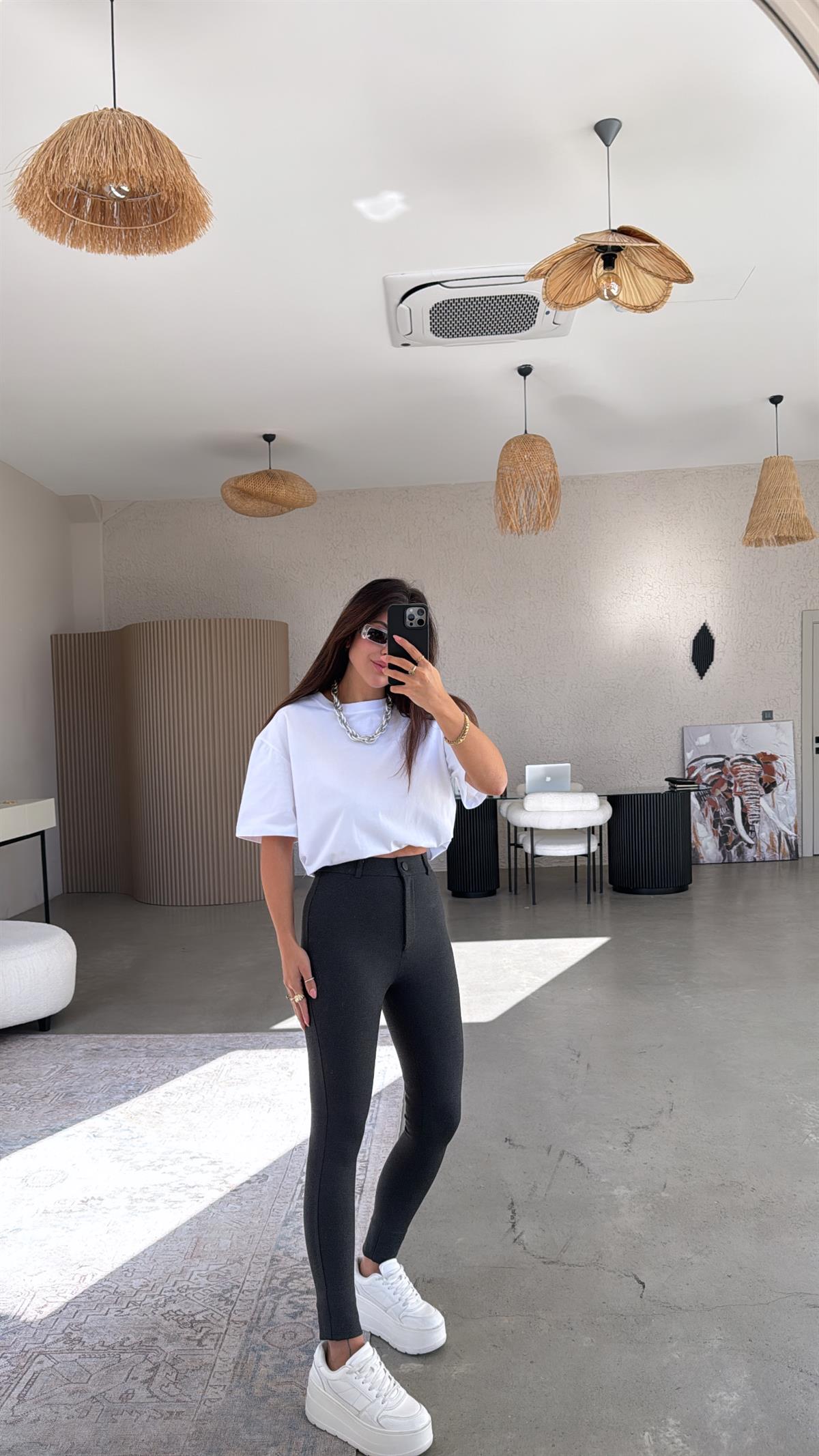 Antrasit Mat Düğmeli Çelik Tayt Pantolon