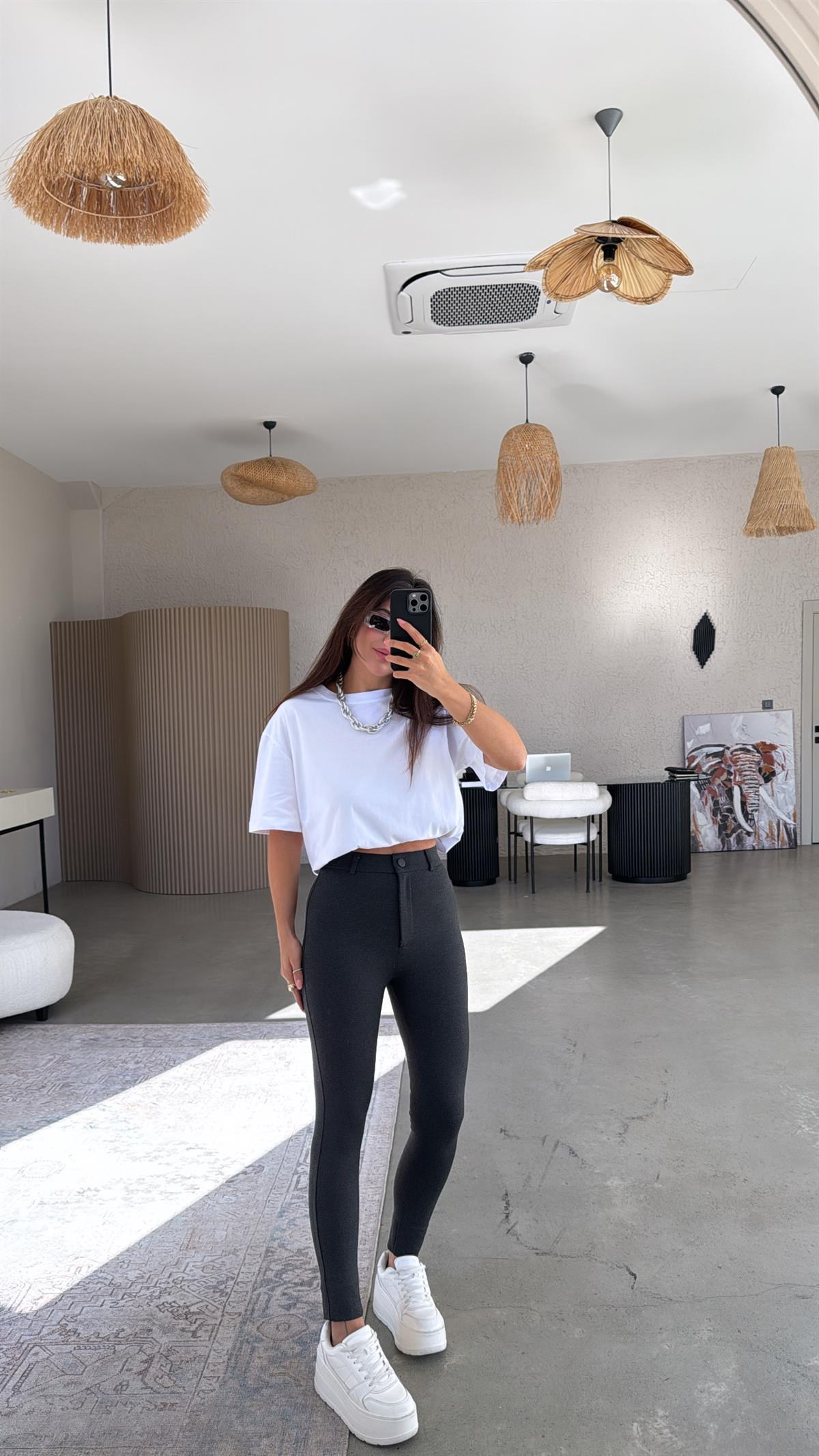 Antrasit Mat Düğmeli Çelik Tayt Pantolon