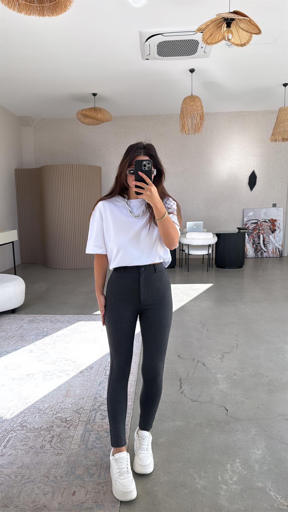 Antrasit Mat Düğmeli Çelik Tayt Pantolon