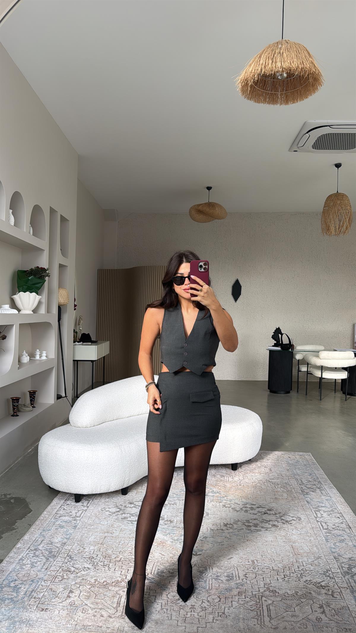 Antrasit Mini Etek Yelek Takım