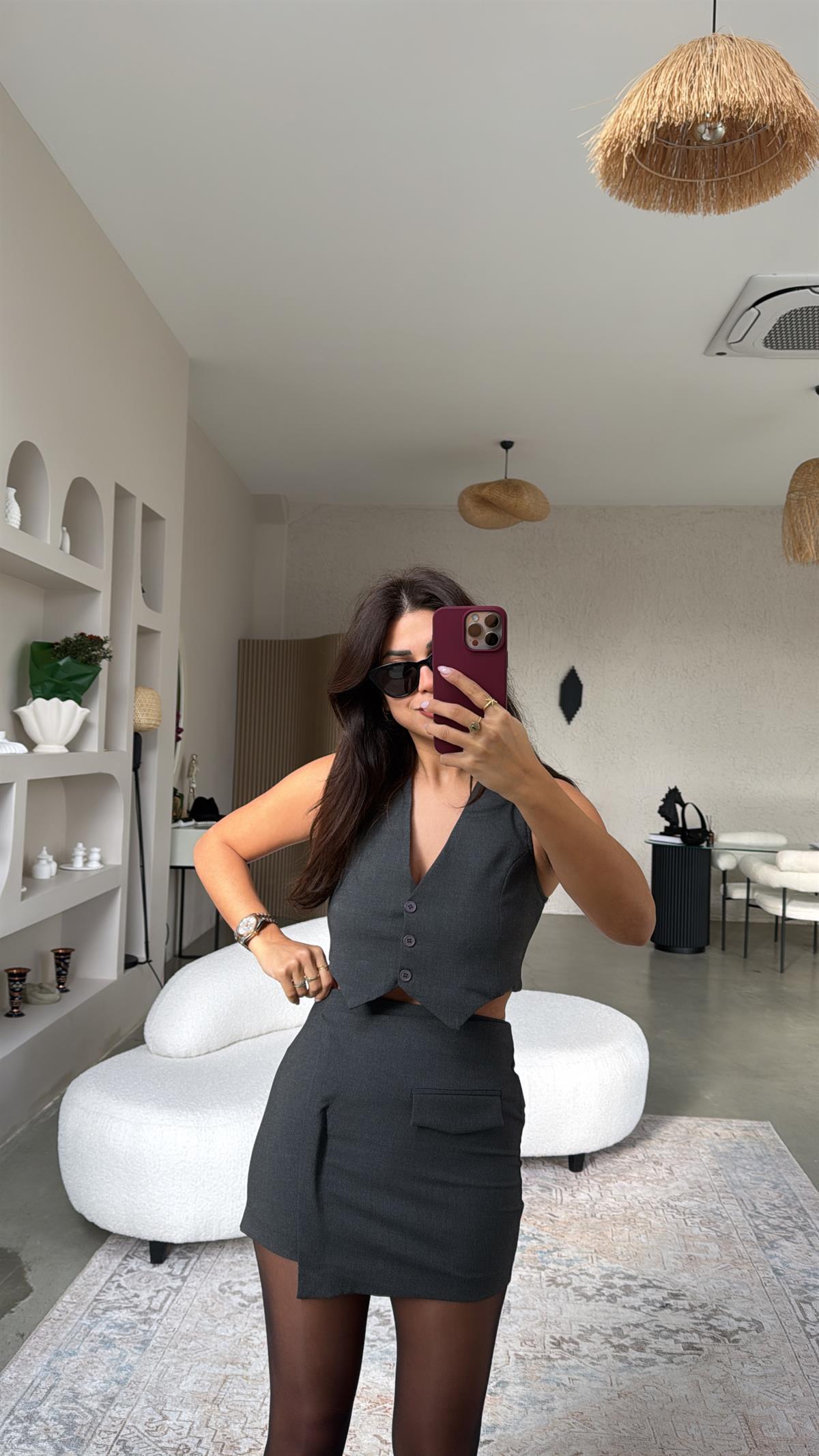 Antrasit Mini Etek Yelek Takım