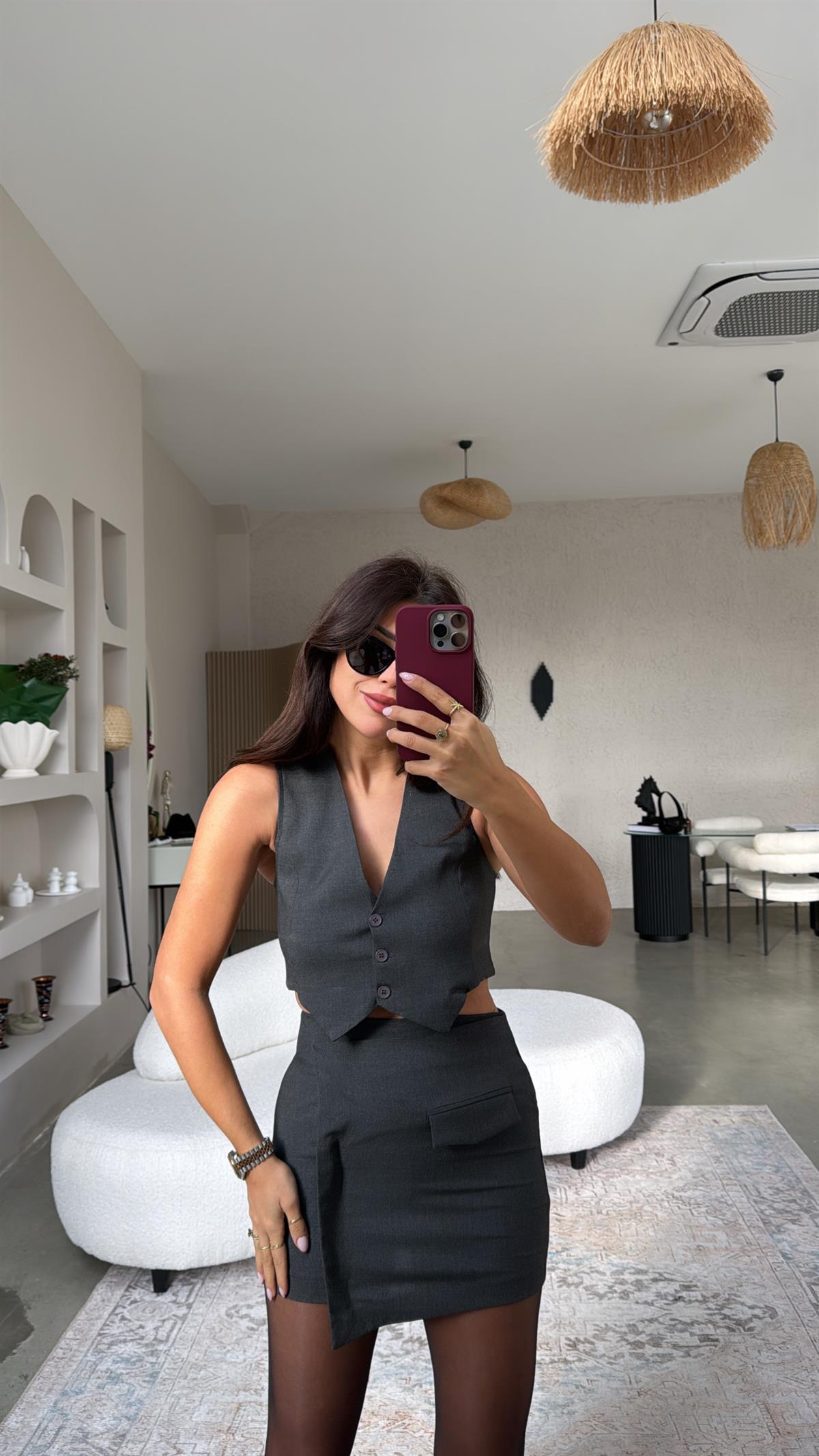 Antrasit Mini Etek Yelek Takım