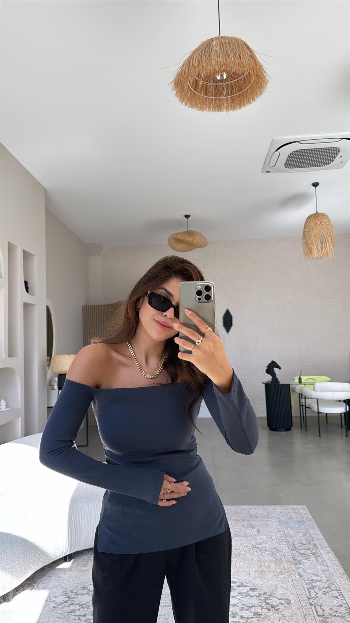 Antrasit Modal Drapeli Bluz