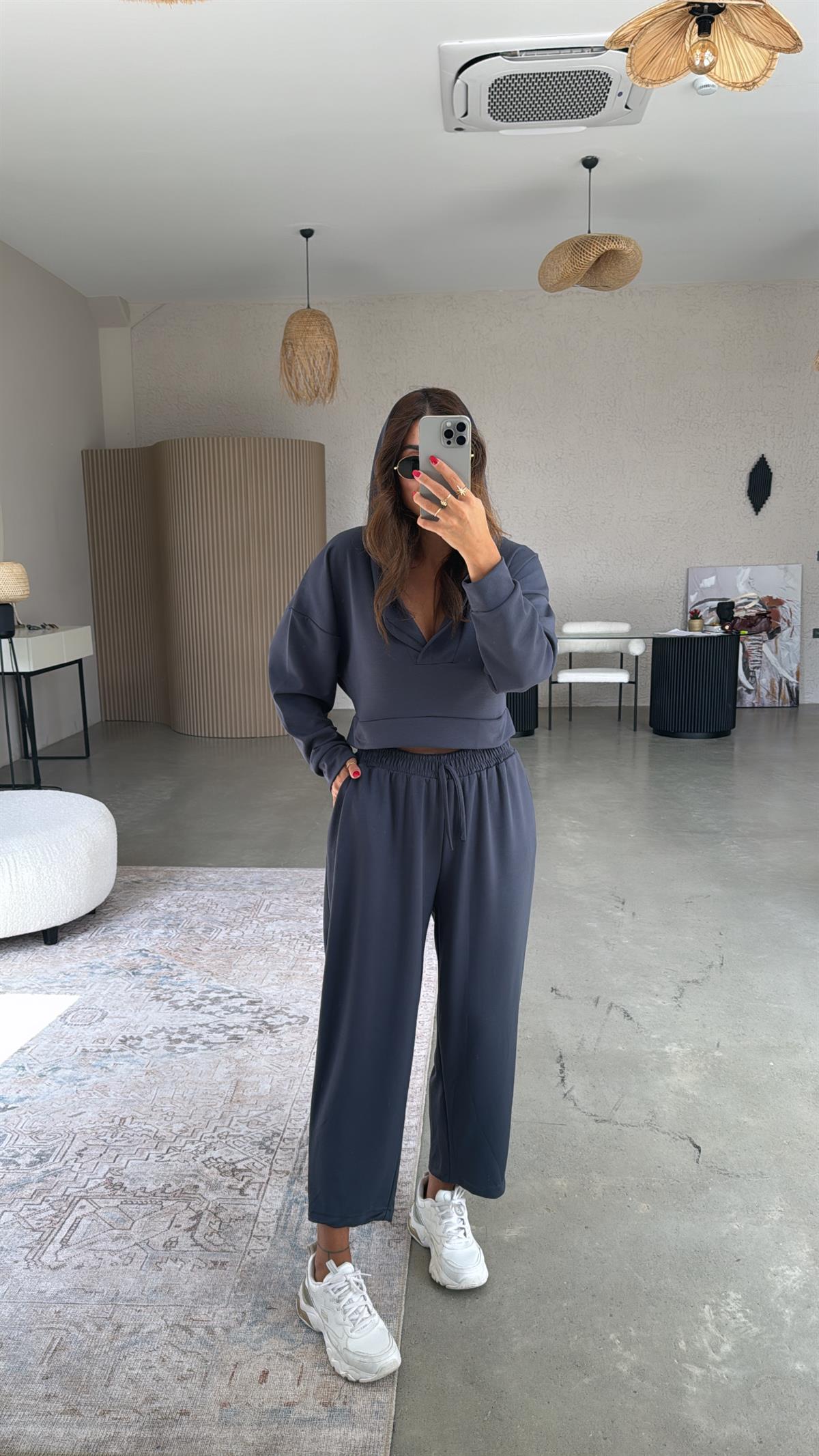 Antrasit Modal Kapüşonlu Takım