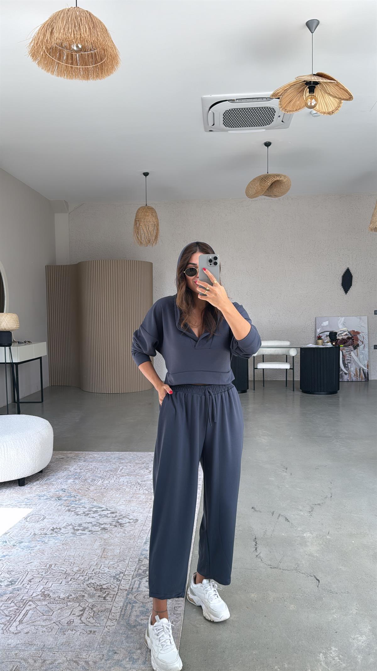 Antrasit Modal Kapüşonlu Takım