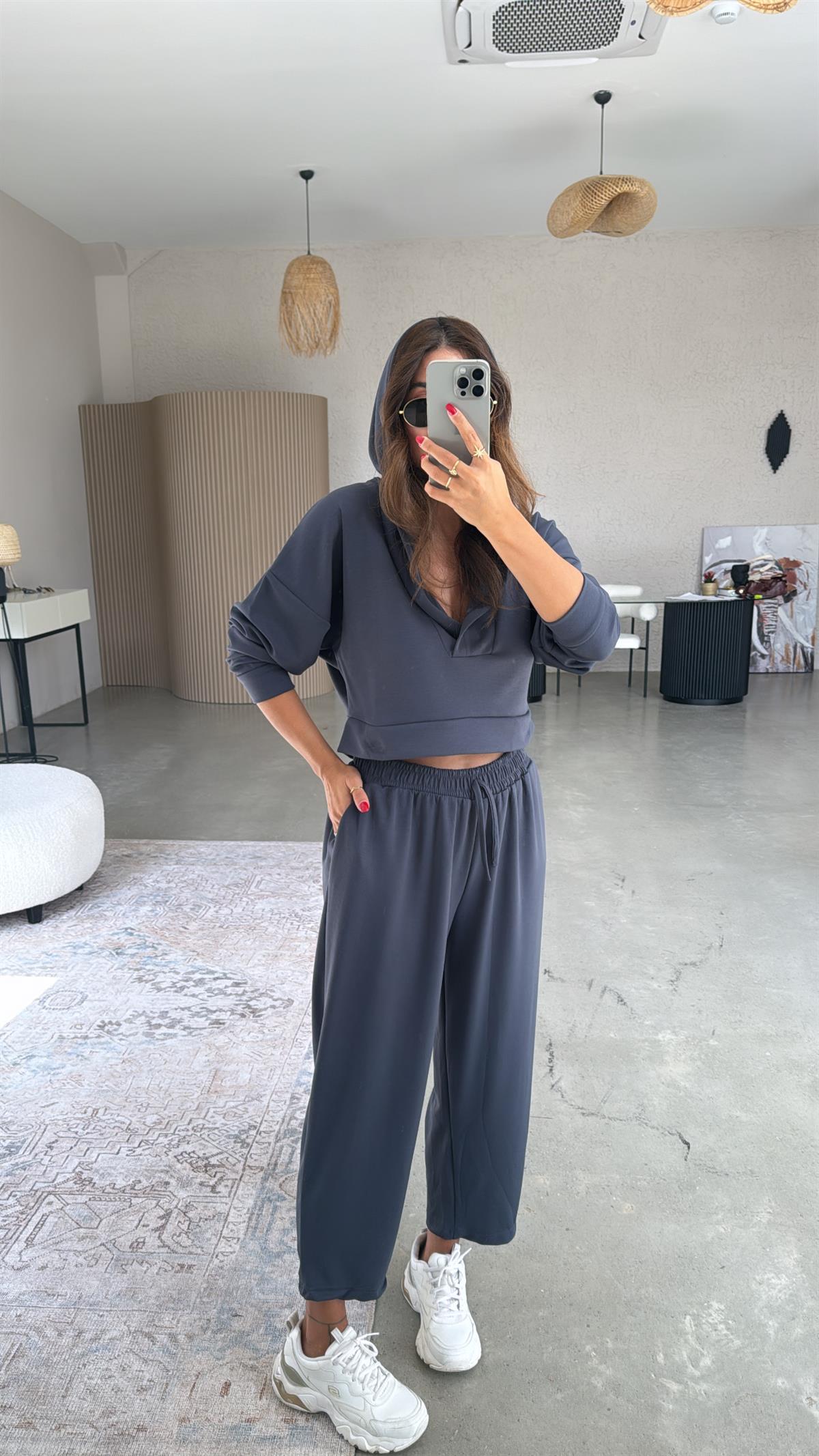 Antrasit Modal Kapüşonlu Takım