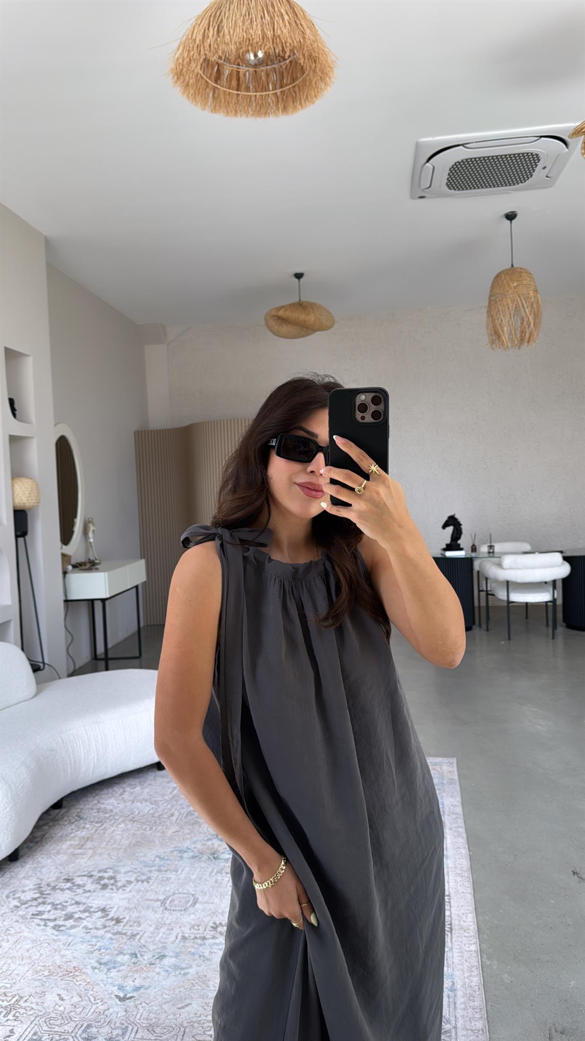 Antrasit Omuzları Bağlı Tensel Maxi Elbise