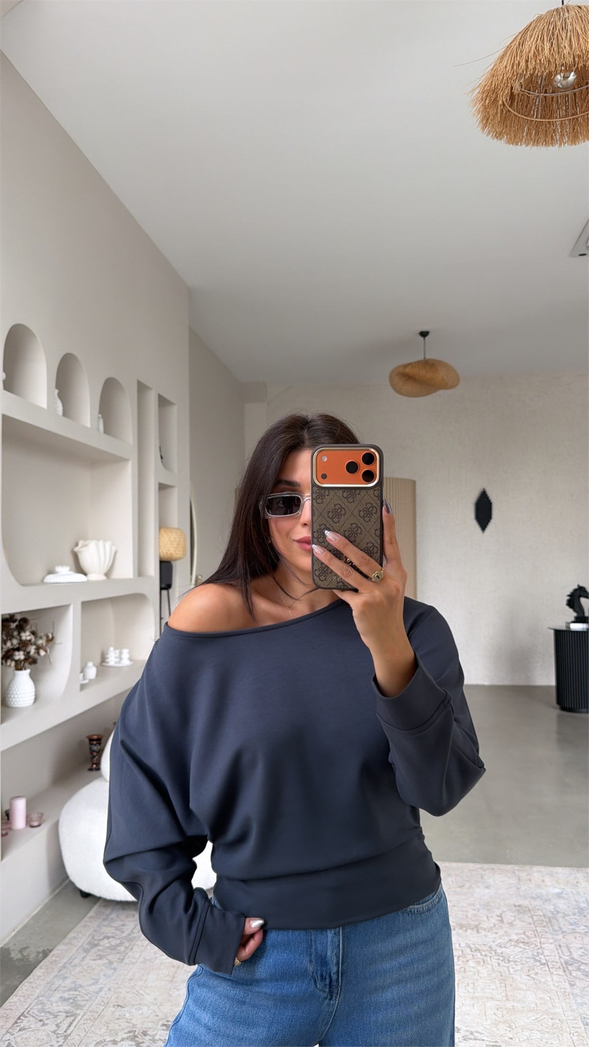 Antrasit Omzu Açık Modal Sweatshirt