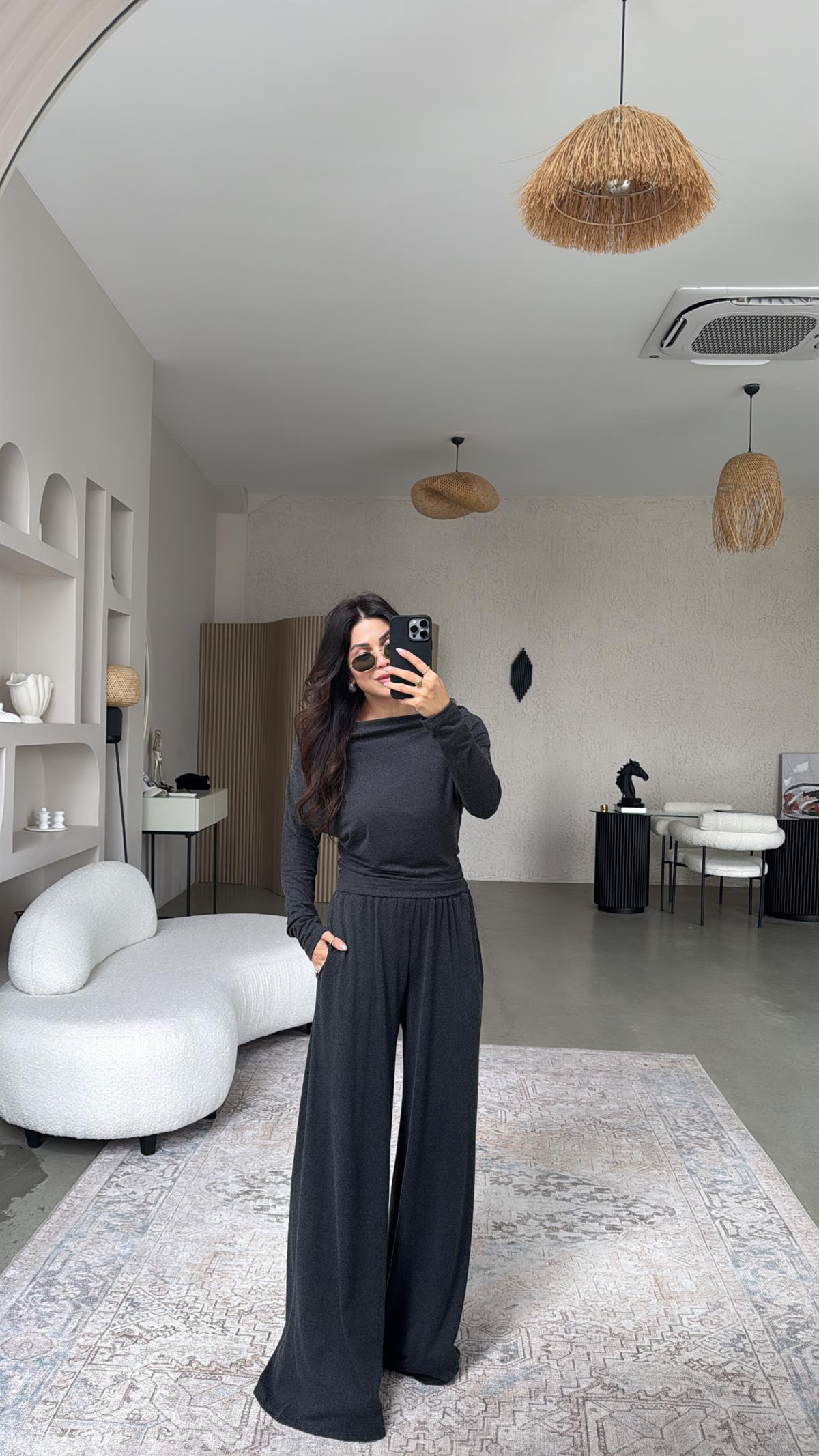 Antrasit Örme Kayık Yaka Takım