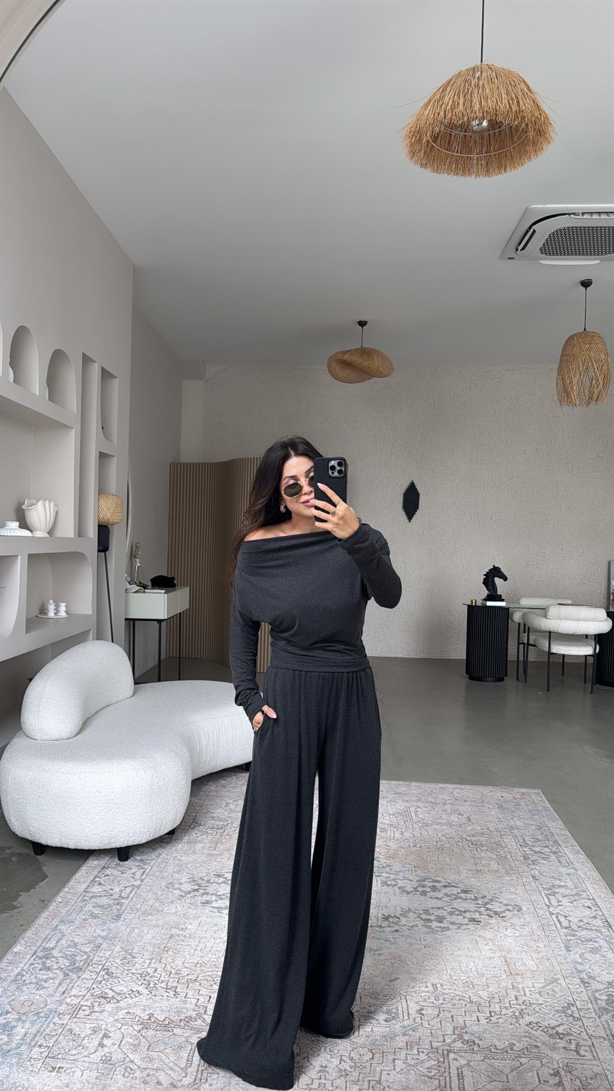 Antrasit Örme Kayık Yaka Takım