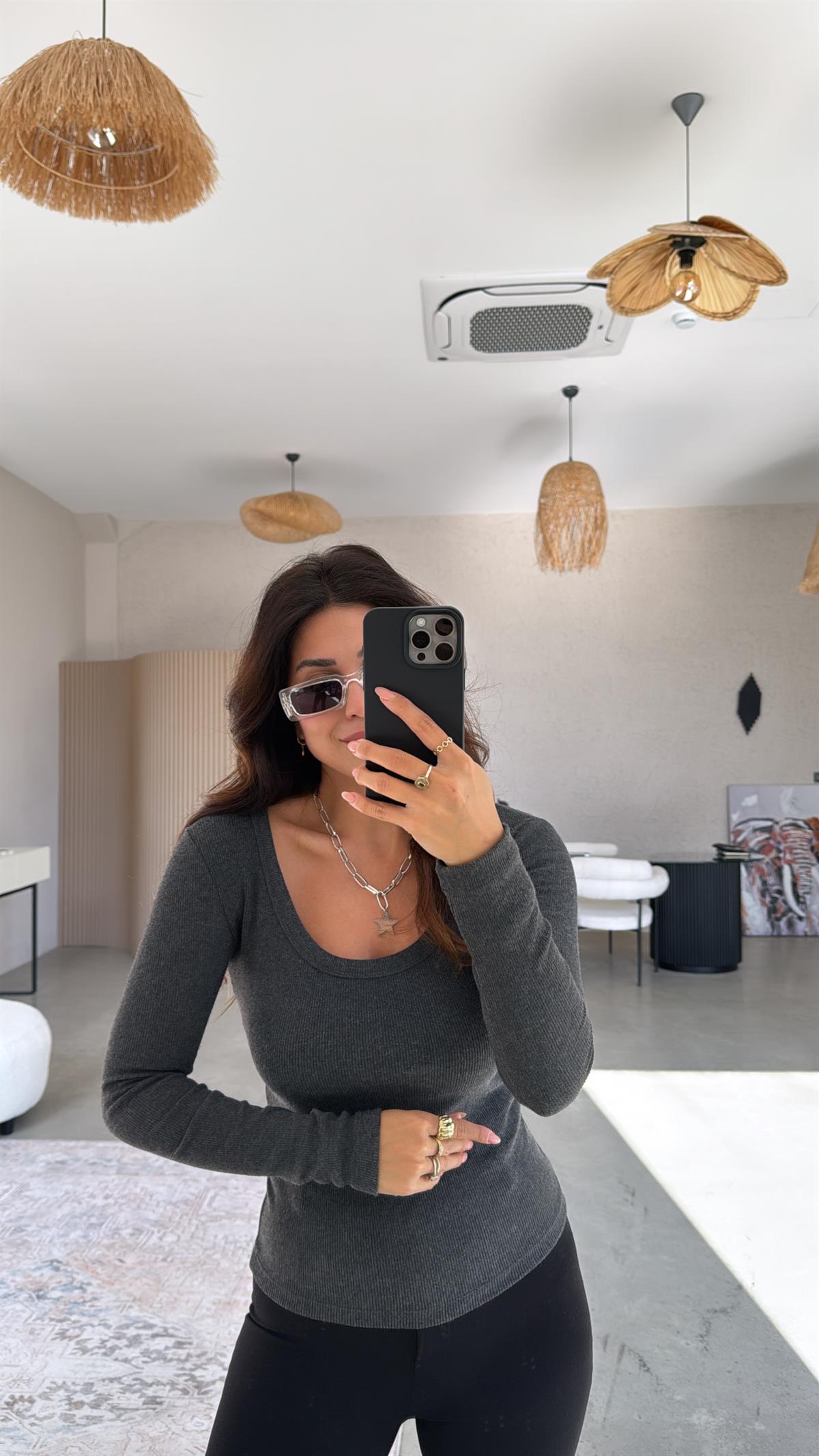 Antrasit Oval Yaka Uzun Kollu Ribana Basic