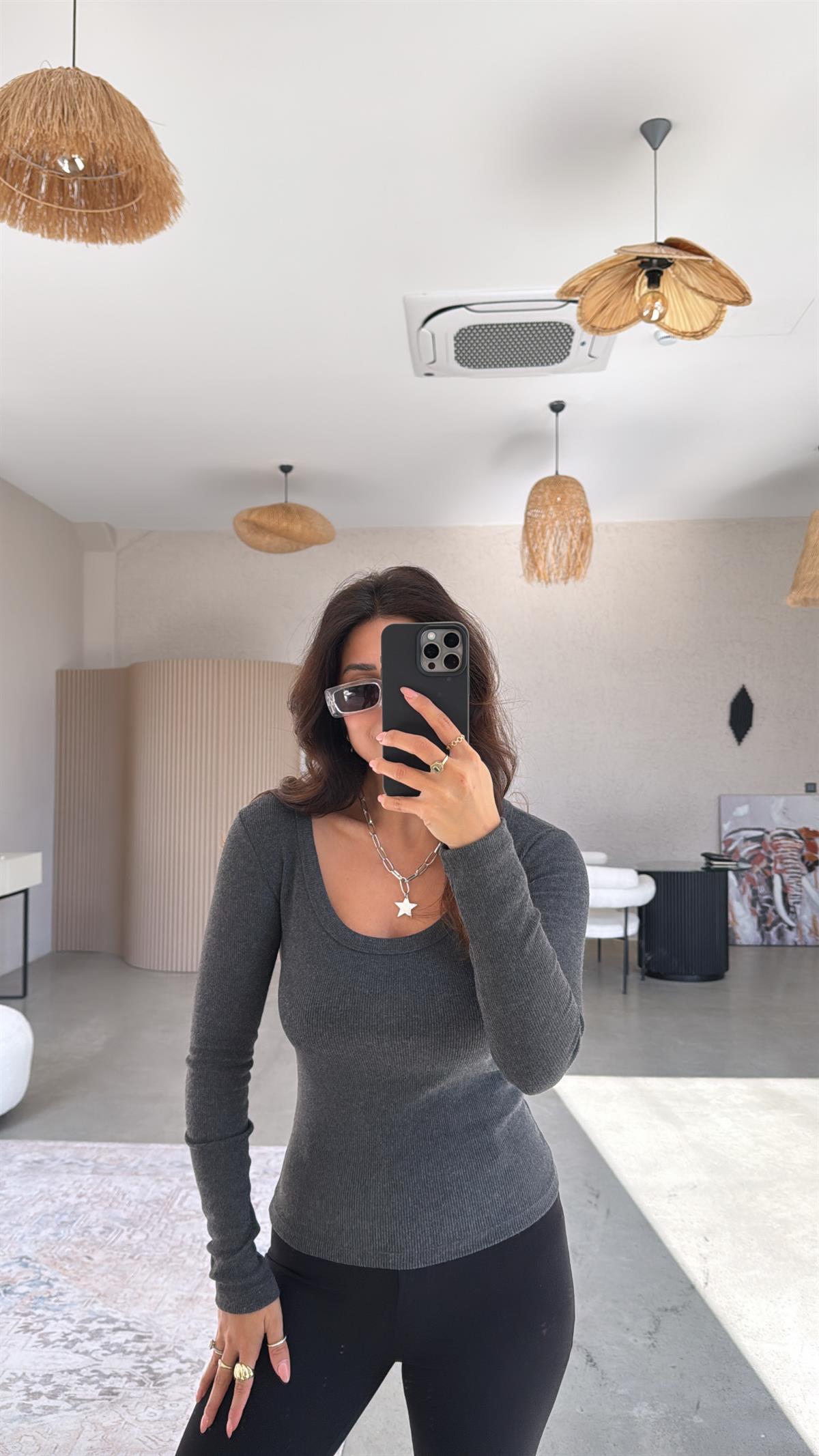 Antrasit Oval Yaka Uzun Kollu Ribana Basic