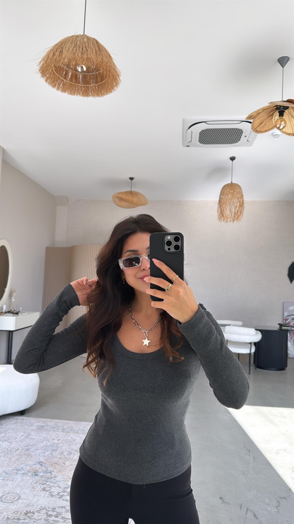 Antrasit Oval Yaka Uzun Kollu Ribana Basic