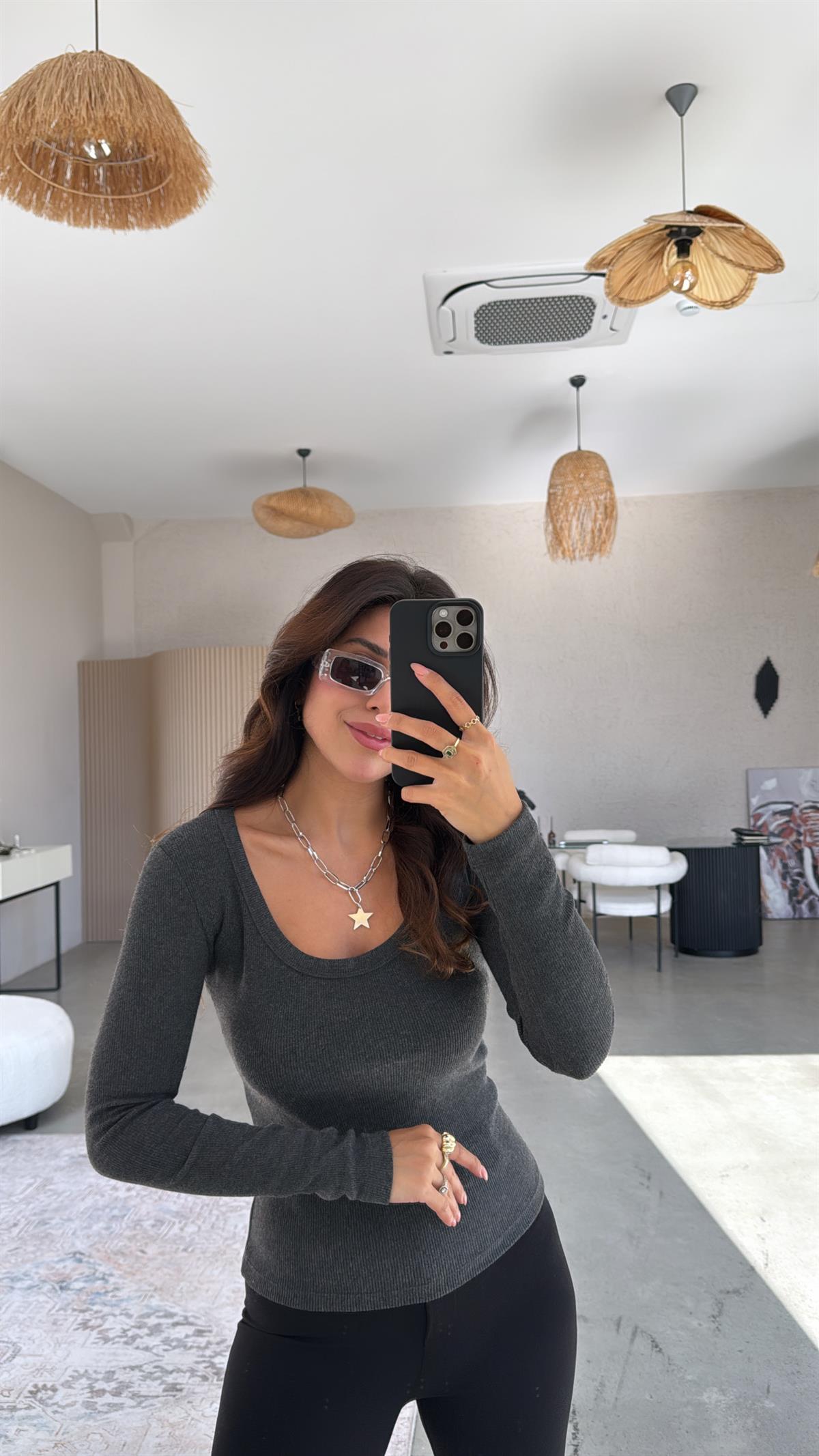 Antrasit Oval Yaka Uzun Kollu Ribana Basic