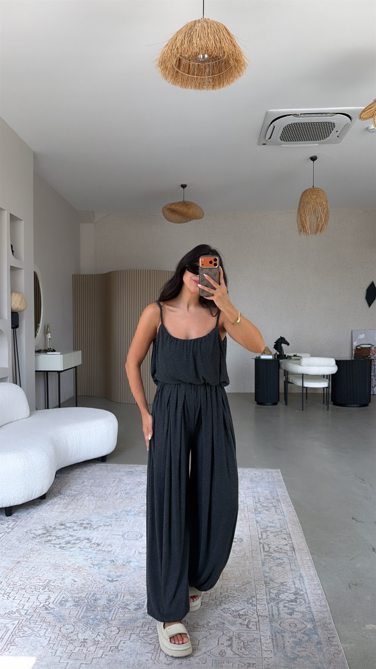 Antrasit Oys Model Askılı Bluz Şalvar Dökümlü Takım