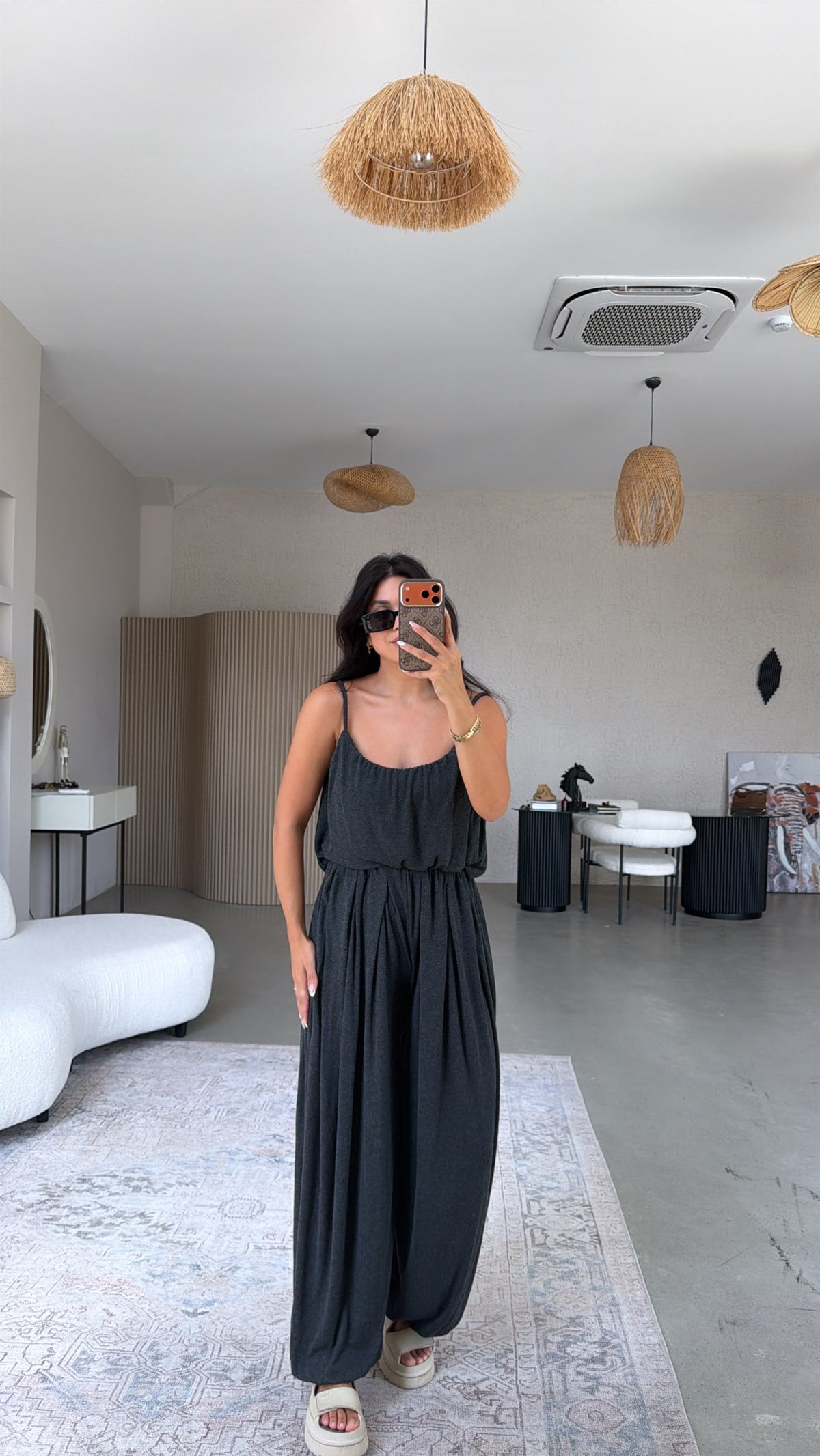 Antrasit Oys Model Askılı Bluz Şalvar Dökümlü Takım