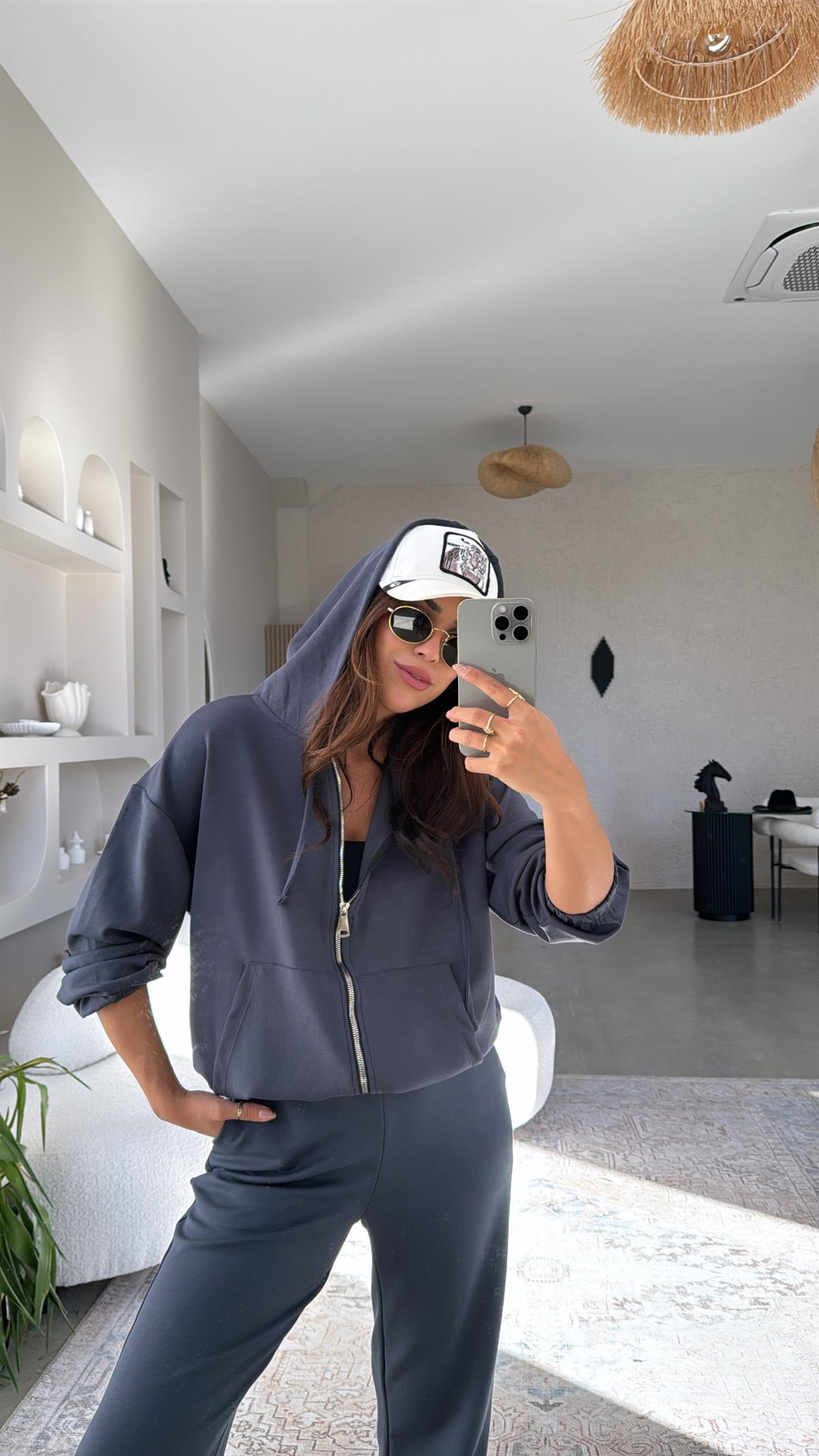 Antrasit Paça Lastikli Fermuarlı Ceketli Takım