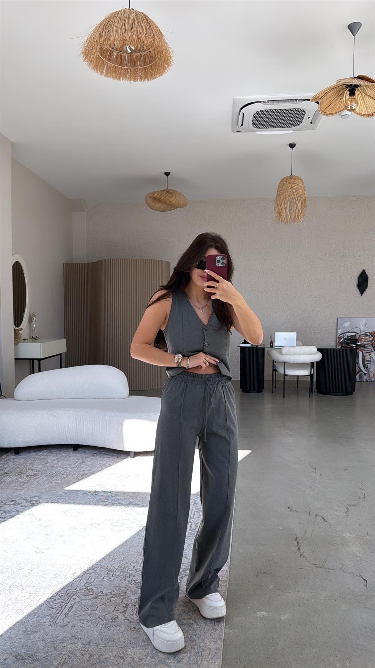 Antrasit Palazzo Kumaş Pantolon Yelek Takım