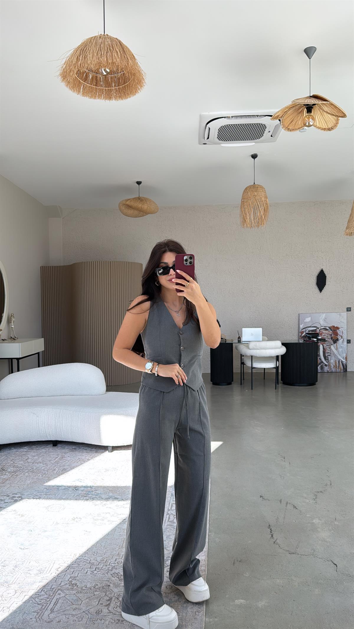 Antrasit Palazzo Kumaş Pantolon Yelek Takım