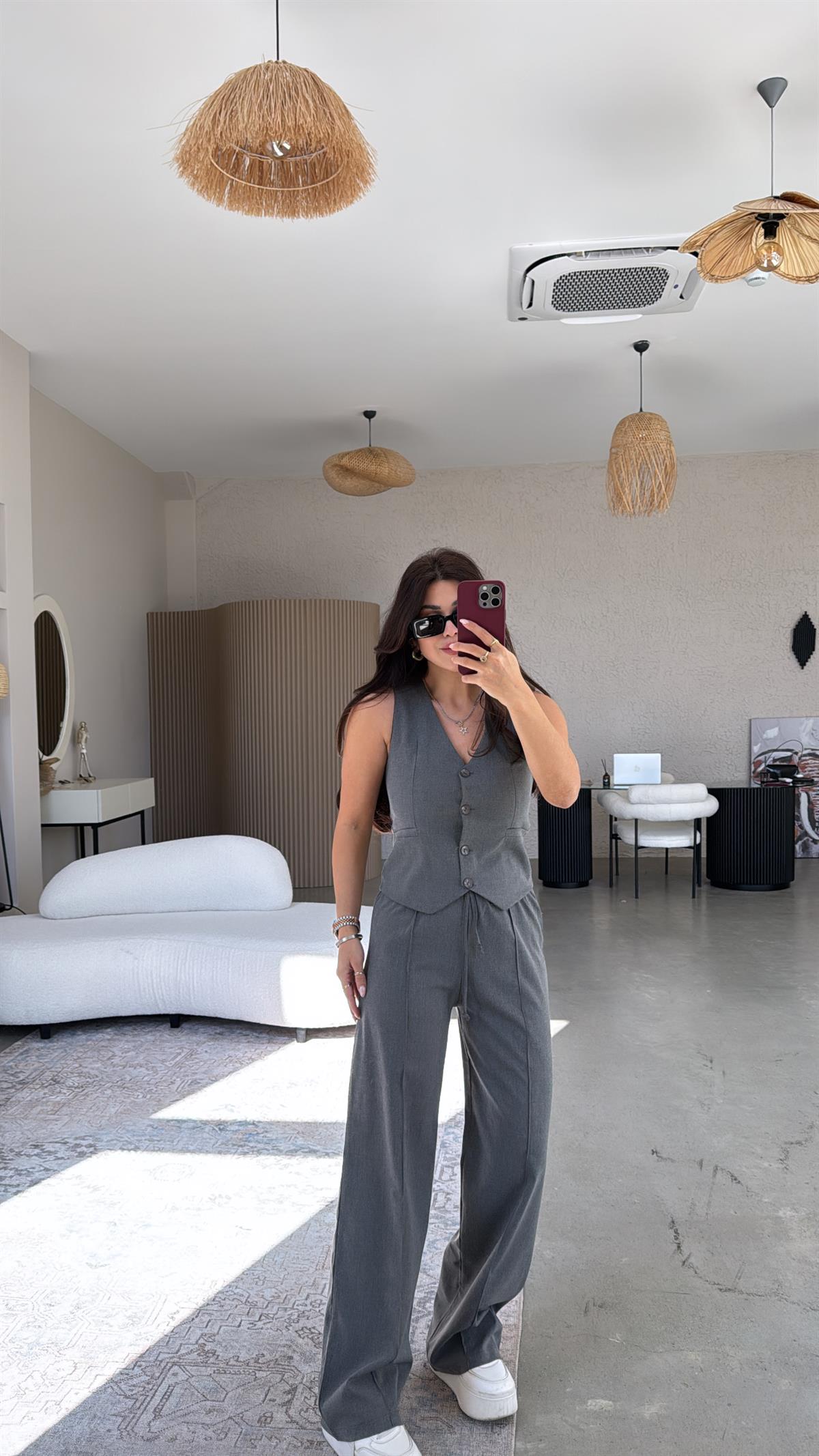 Antrasit Palazzo Kumaş Pantolon Yelek Takım