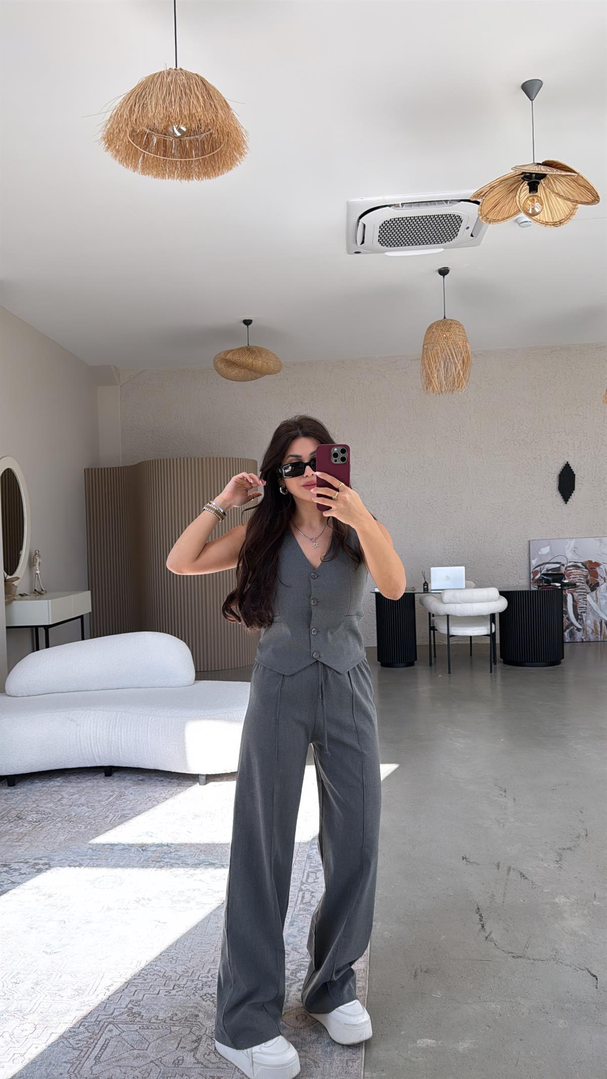 Antrasit Palazzo Kumaş Pantolon Yelek Takım