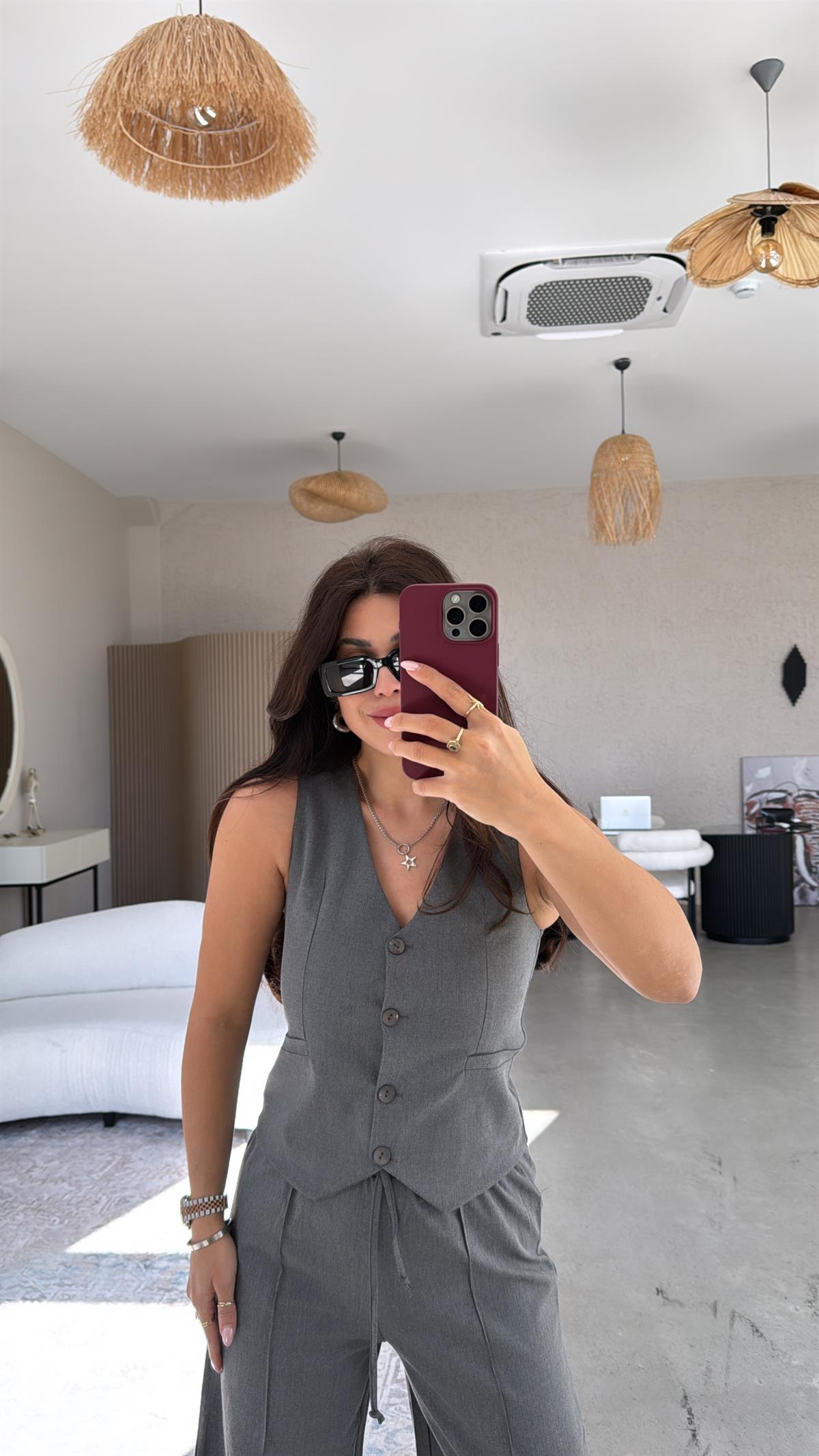 Antrasit Palazzo Kumaş Pantolon Yelek Takım