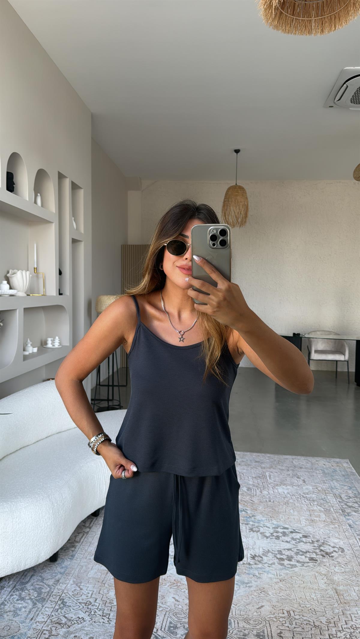 Antrasit Pike Modal Şort Bluz Takım