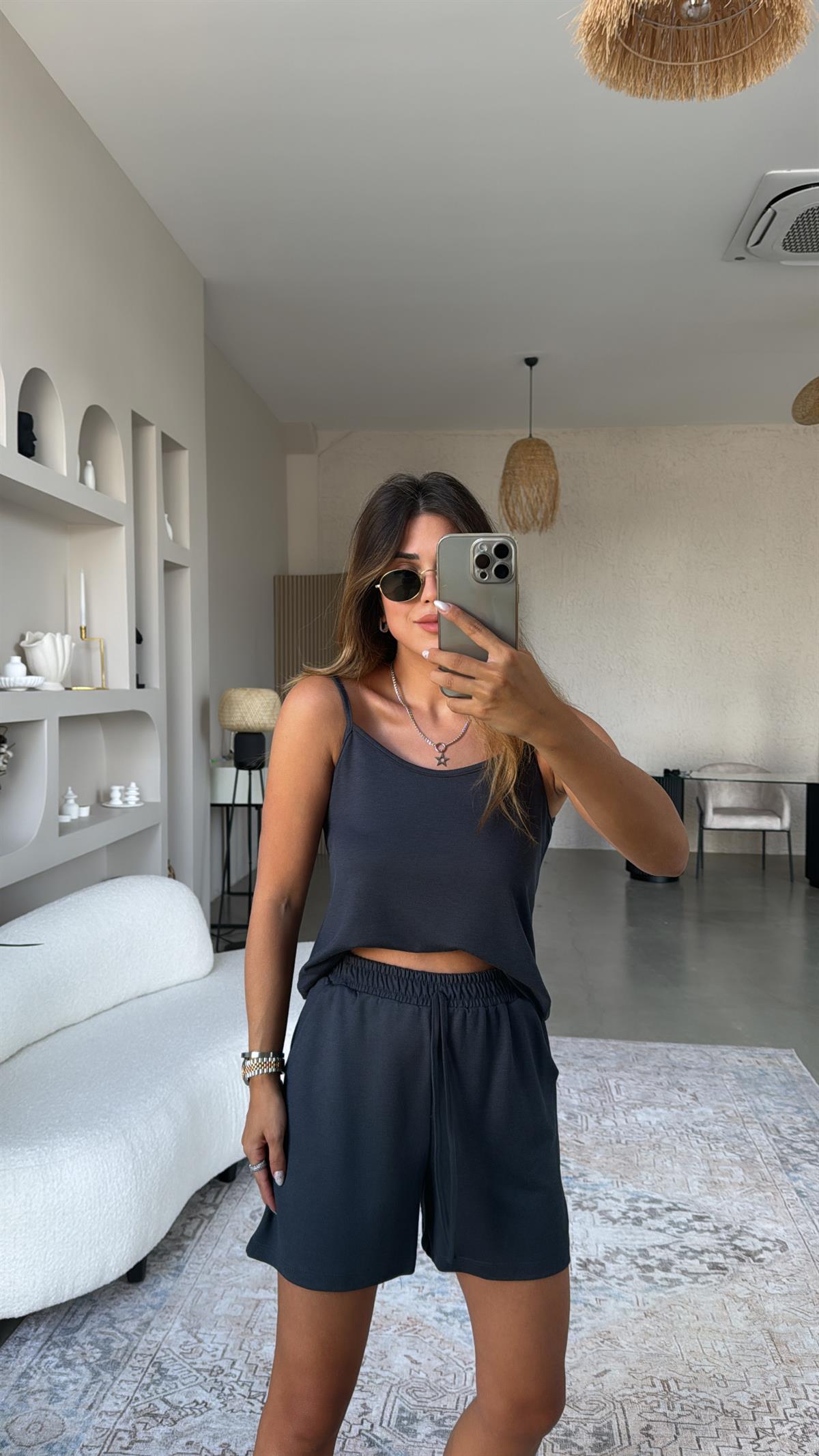 Antrasit Pike Modal Şort Bluz Takım