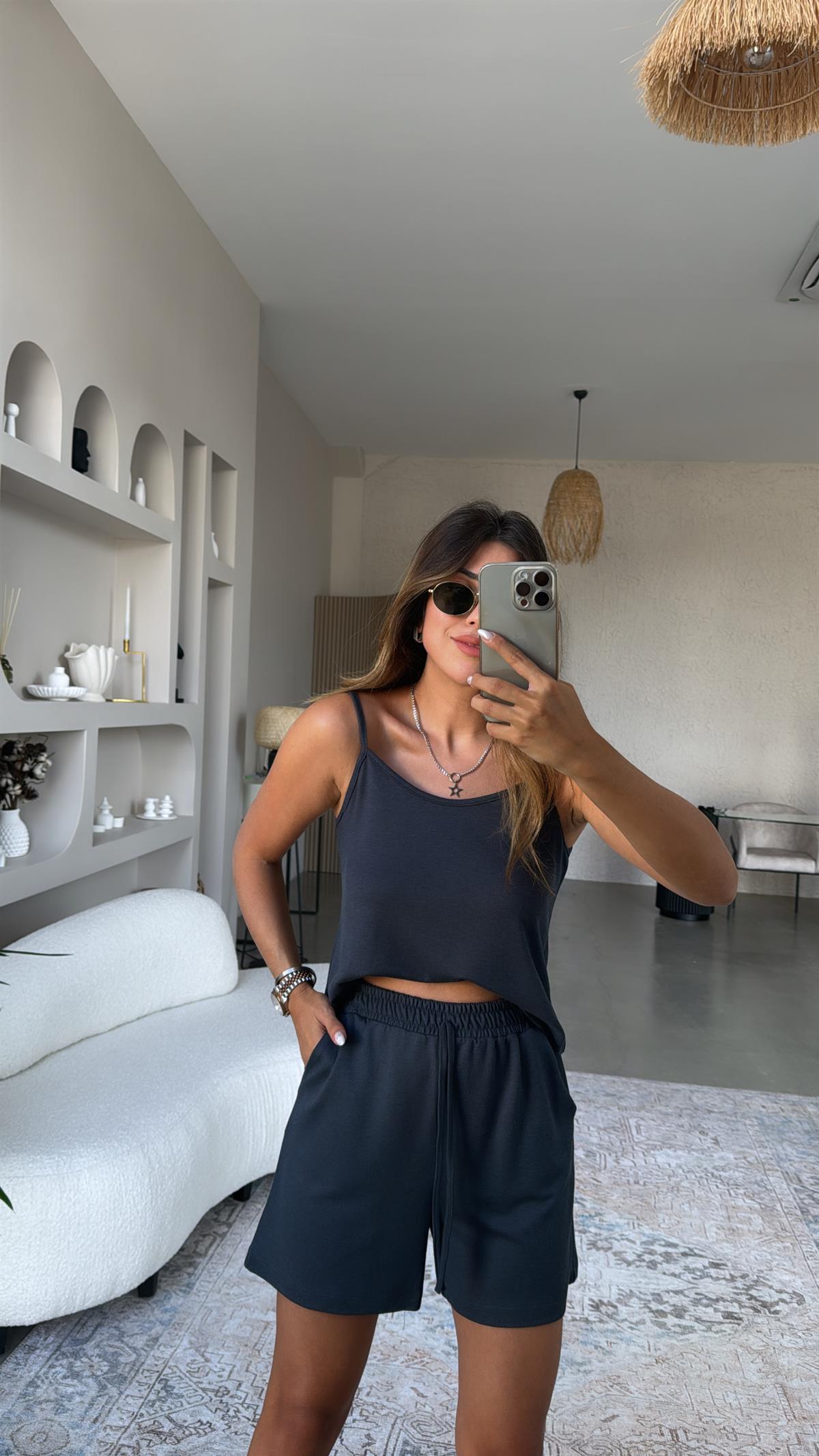 Antrasit Pike Modal Şort Bluz Takım