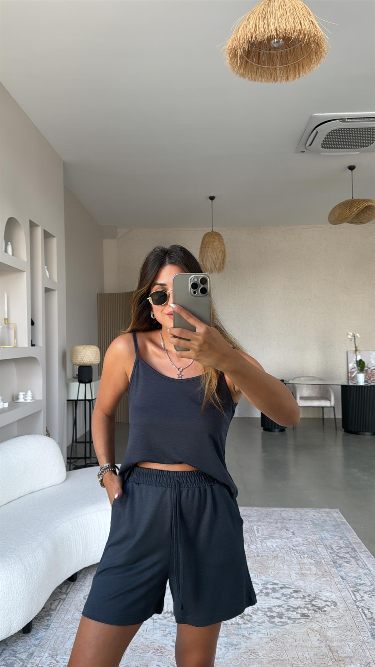 Antrasit Pike Modal Şort Bluz Takım