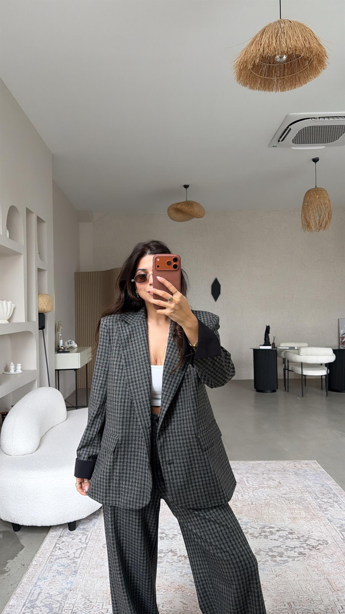 Antrasit Pötikareli Kumaş Blazer Pantolon Takım