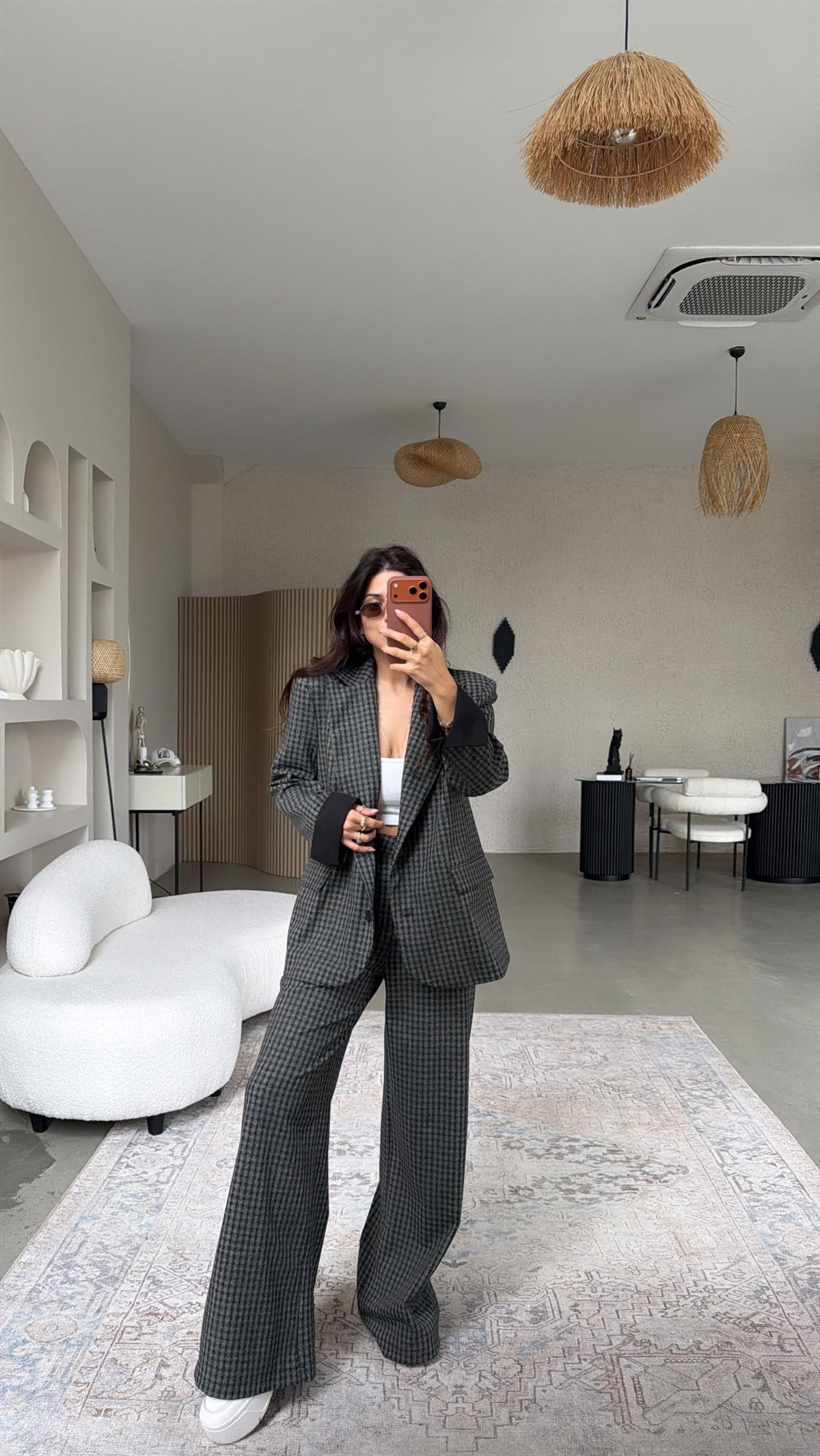 Antrasit Pötikareli Kumaş Blazer Pantolon Takım