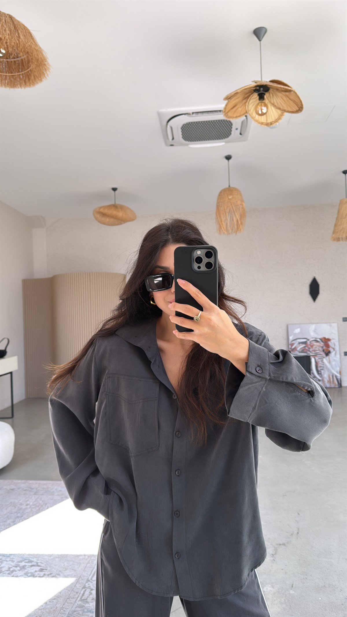 Antrasit Premium Şerit Detaylı İpek Dokulu Takım